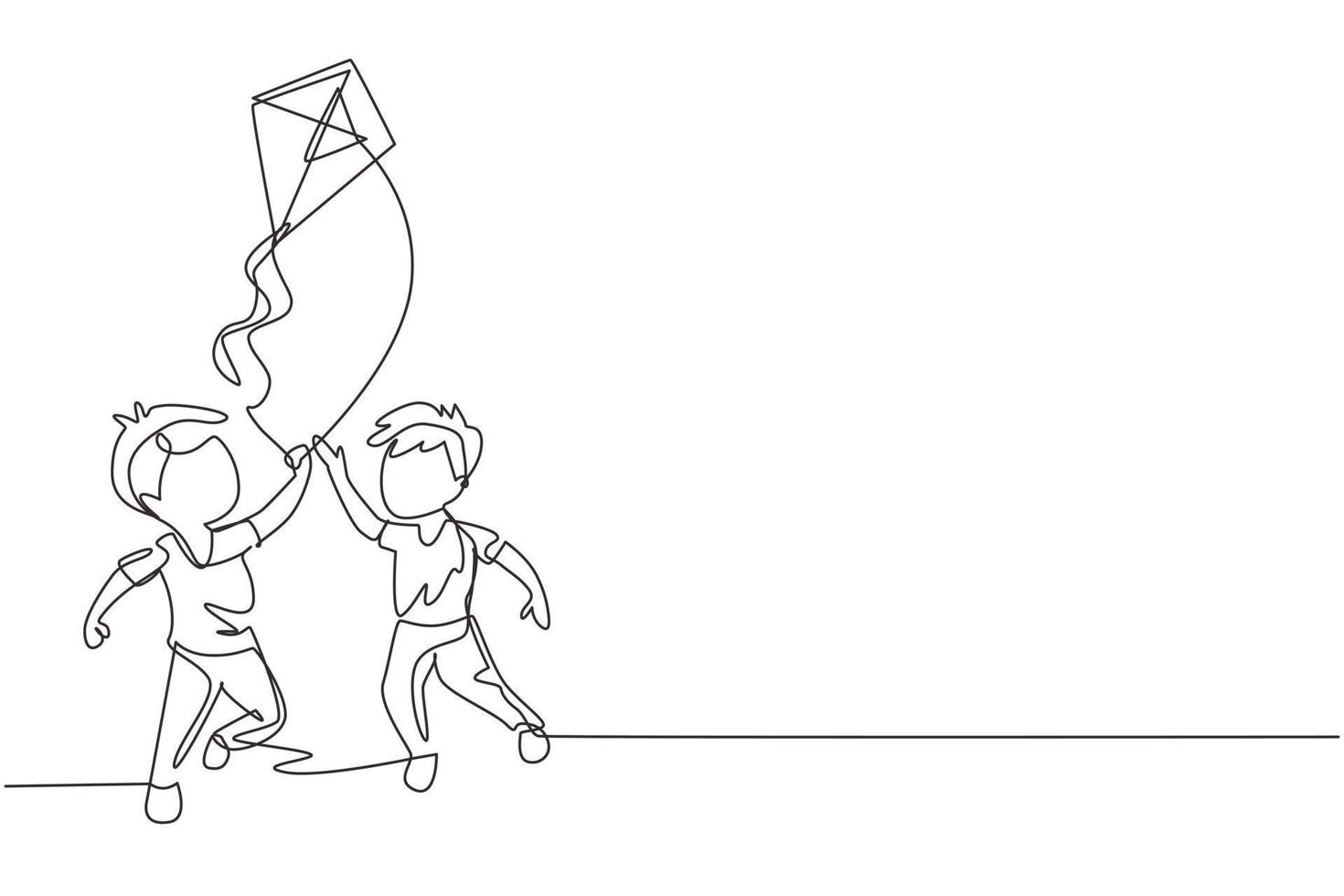 una línea continua dibujando a dos niños jugando a volar cometas hacia el cielo en el campo al aire libre. niños jugando cometa en el patio de recreo. niños con juego de cometas y se ven felices. vector de diseño de dibujo de una sola línea