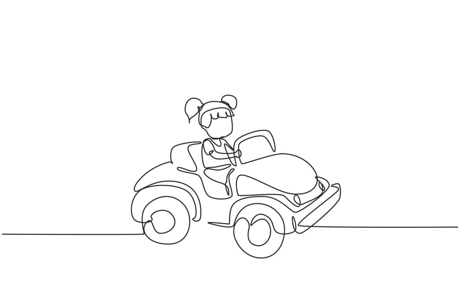 dibujo de una sola línea continua chica conduciendo coche, niño lindo feliz. niña sonriente feliz conduciendo coche de juguete. viaje de niños en coche pequeño. Ilustración de vector de diseño gráfico de dibujo de una línea dinámica