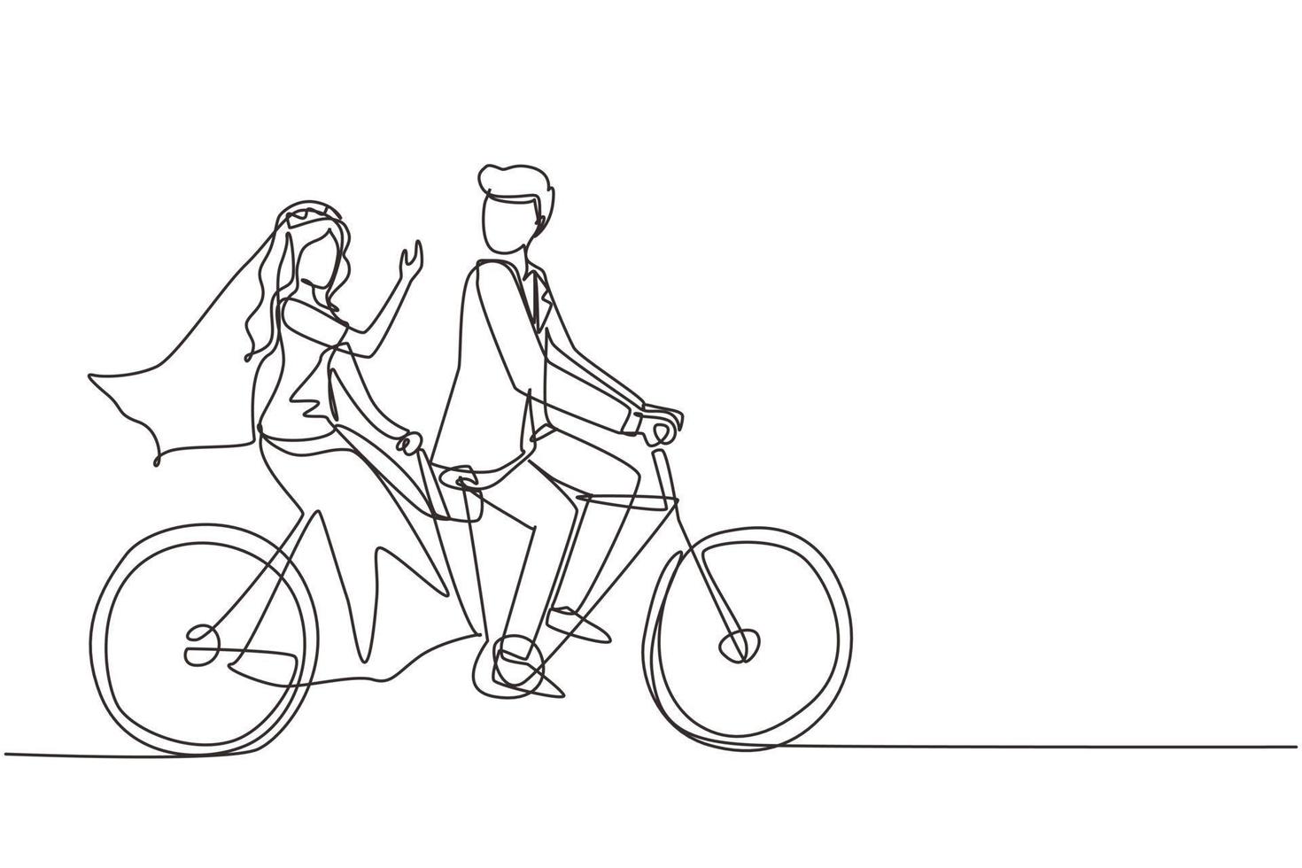 Single one line drawing romantic married couple. Cute couple is riding tandem bicycle together. Happy sweet family. Intimacy celebrates wedding celebration. Continuous line draw design graphic vector