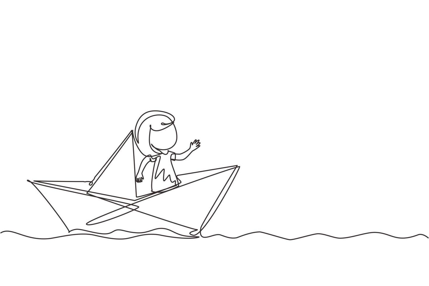 Single continuous line drawing cute smiling little girl sailing on paper boat. Happy smiling kid having fun and playing sailor in imaginary world. One line draw graphic design vector illustration