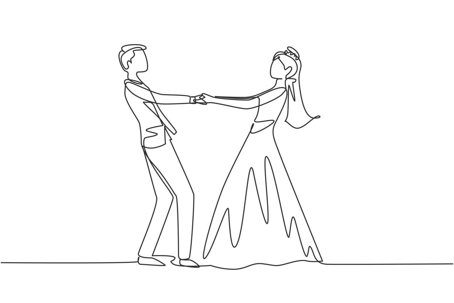 Single one line drawing happy cheerful boy and girl dancing on the floor at wedding party. Romantic young wedding couple holding hands and spinning around. Continuous line draw design graphic vector