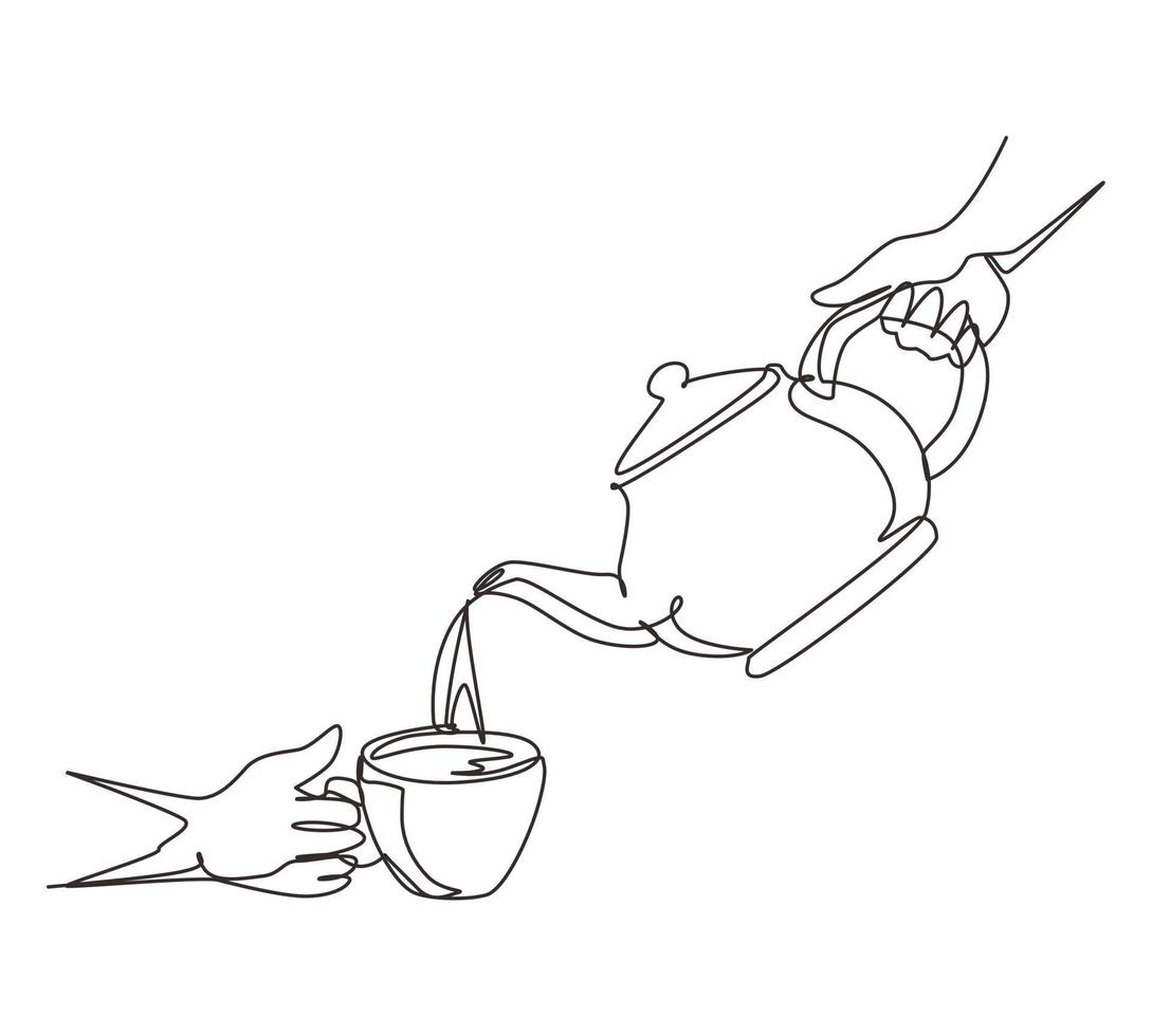 Single one line drawing teapot pouring tea into cup. Woman pouring organic tea into ceramic cup with sand glass. Teapot, teacup. Breakfast concept. Continuous line draw design vector illustration