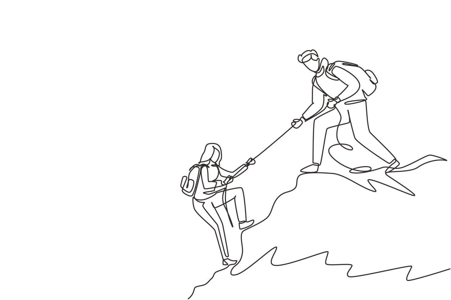 un solo dibujo de una línea hombre mujer excursionistas escalando la montaña y uno de ellos ayudándose unos a otros con cuerda, apoyo en situaciones peligrosas para escalar. ilustración de vector de diseño de dibujo de línea continua