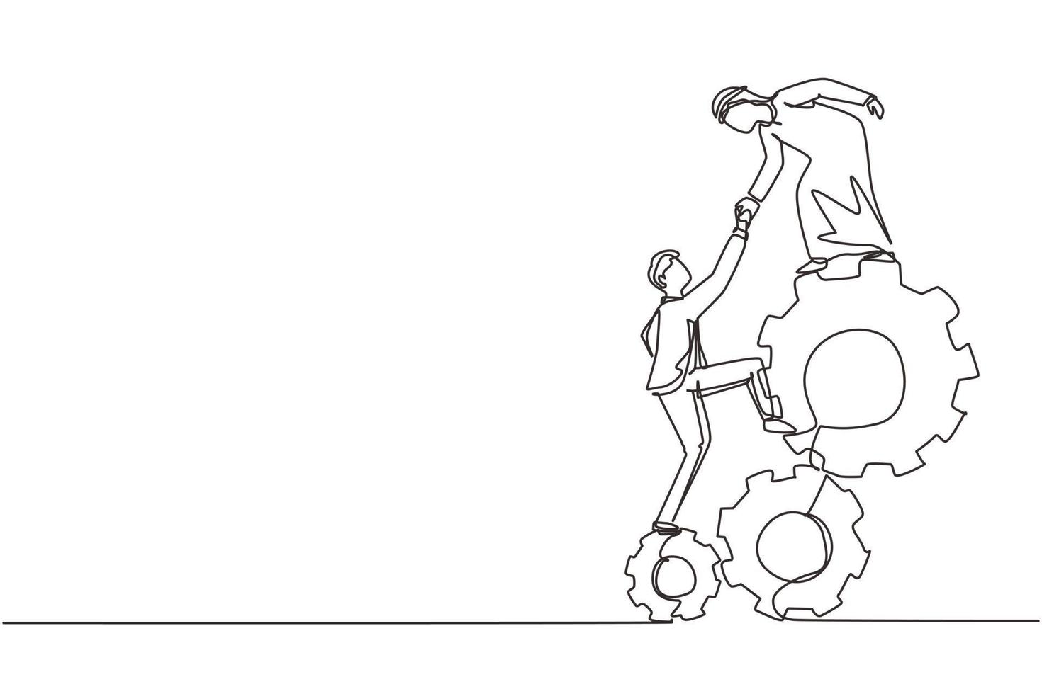Single one line drawing two Arabic businessman helping each other to go up to pile of cogs. Teamwork people trust assistance. Technology gear collaboration solution. Continuous line draw design vector