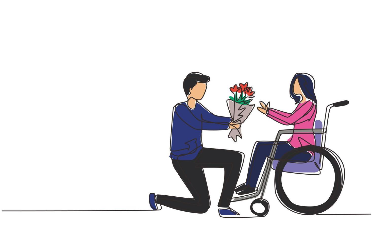 dibujo de una sola línea continua hombre y mujer discapacitada en silla de ruedas. el hombre le da un ramo de flores a la mujer. cuidador, apoyo moral familiar. rehabilitación de la discapacidad. vector de diseño de dibujo de una línea