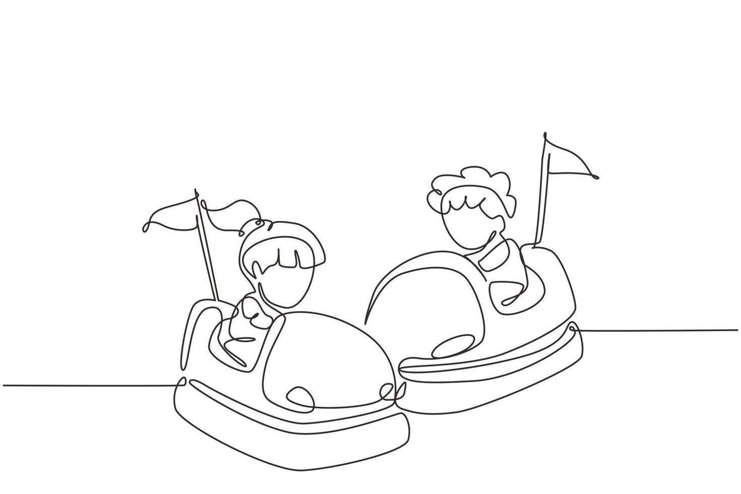 Single continuous line drawing children driving bumper car. Happy smiling boy and girl on bumper auto wheel attraction at amusement park. Enjoyment family time. One line draw graphic design vector