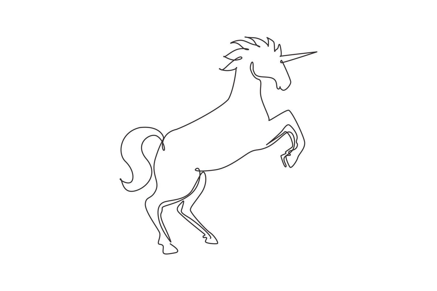 Continuous one line drawing unicorn lift two front legs. Black jumping fictional fairy animal. Magical unicorn running on wind. Childhood fantasy. Single line draw design vector graphic illustration