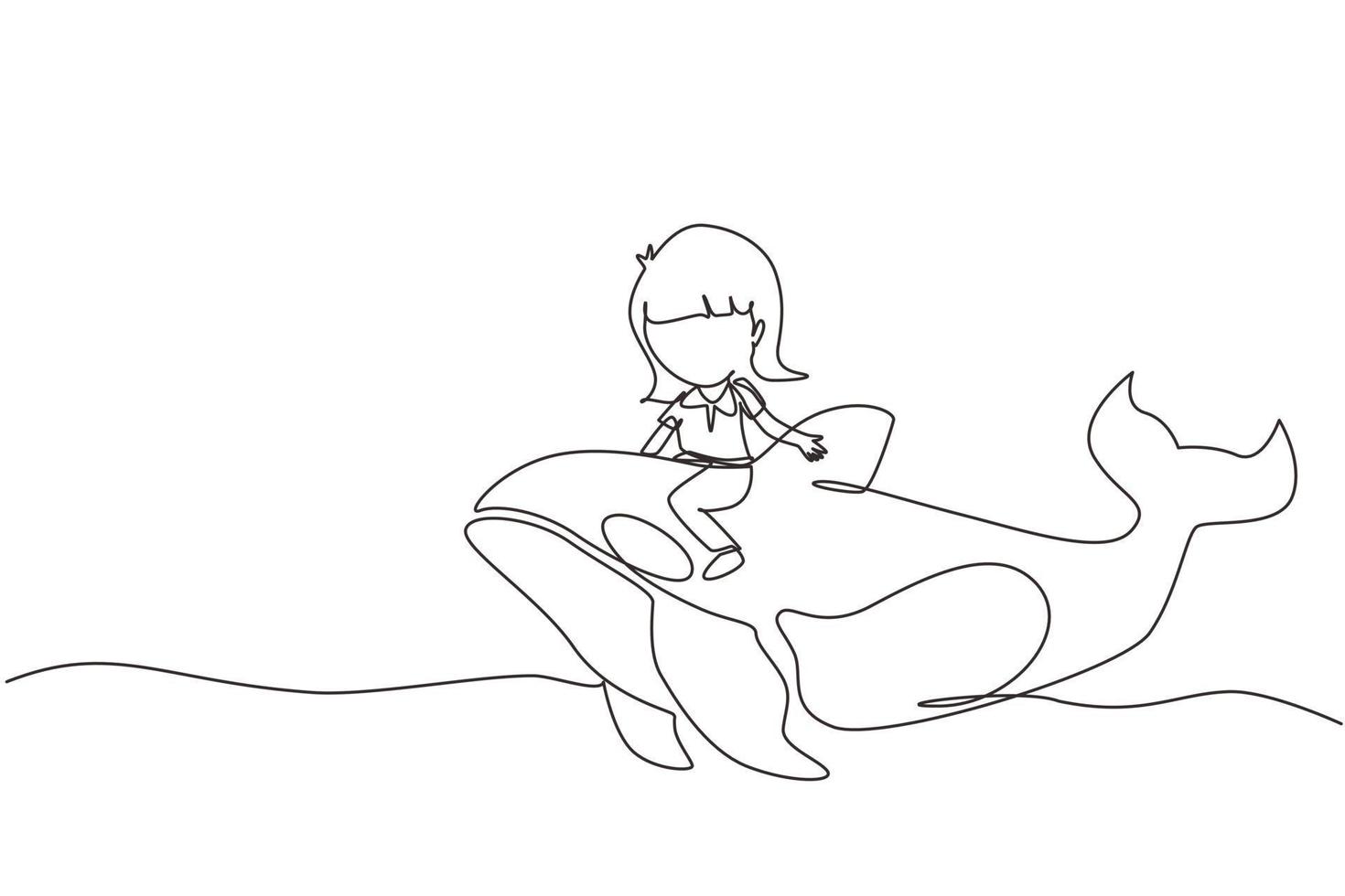 Single continuous line drawing little girl riding orca. Young kid sitting on back whale killer in swimming pool. Whale killer or orca in water. Dynamic one line draw graphic design vector illustration