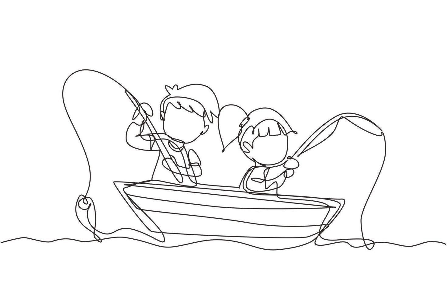 Single one line drawing smiling little boys and girls fishing together on boat. Happy children fishing on boat out in the sea. Fisher kids. Continuous line draw design graphic vector illustration