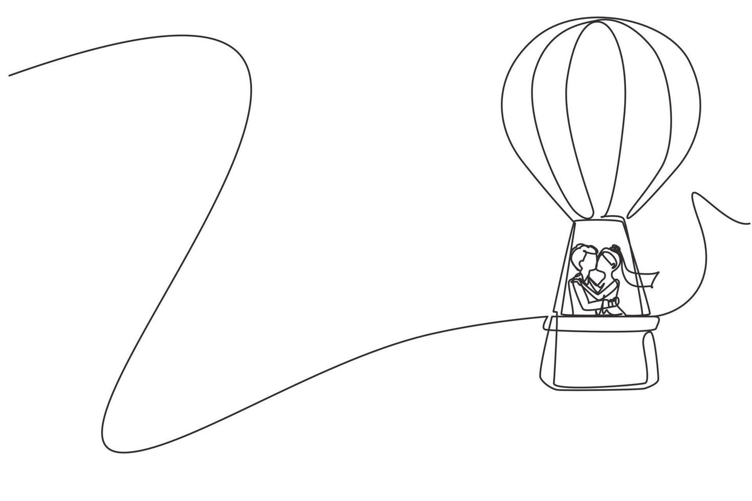 dibujo de una sola línea continua ilustración de amor besando a una pareja casada en globo aerostático en el cielo y las nubes, relación amorosa. viaje romántico por carretera, viaje. vector de diseño gráfico de dibujo de una línea