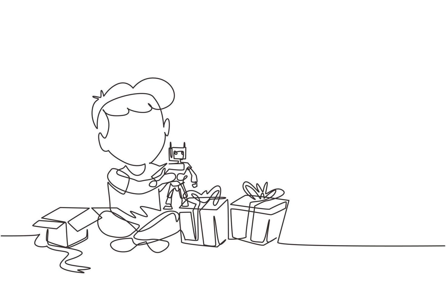 Single continuous line drawing excited little boy kid opening wrapped gift box decorated with ribbon bow. Happy cute little kid boy receive robot toy gift from birthday. Dynamic one line draw graphic vector