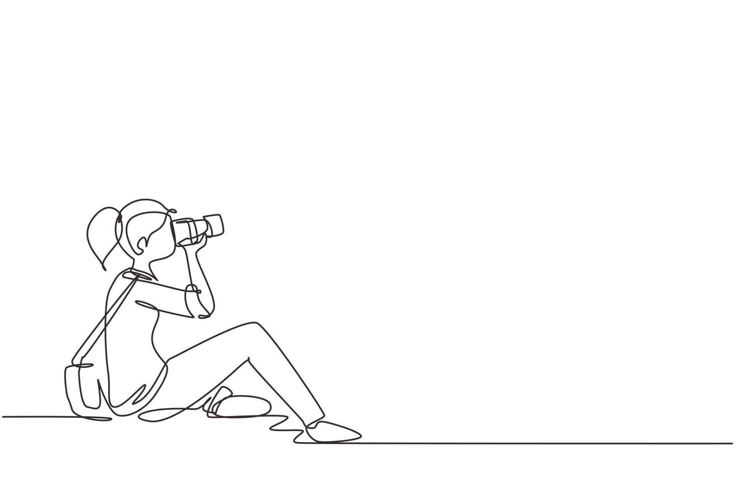 Single one line drawing woman photographer of paparazzi taking photo with modern digital camera with angles. Journalist or reporter making pictures. Continuous line draw design vector illustration