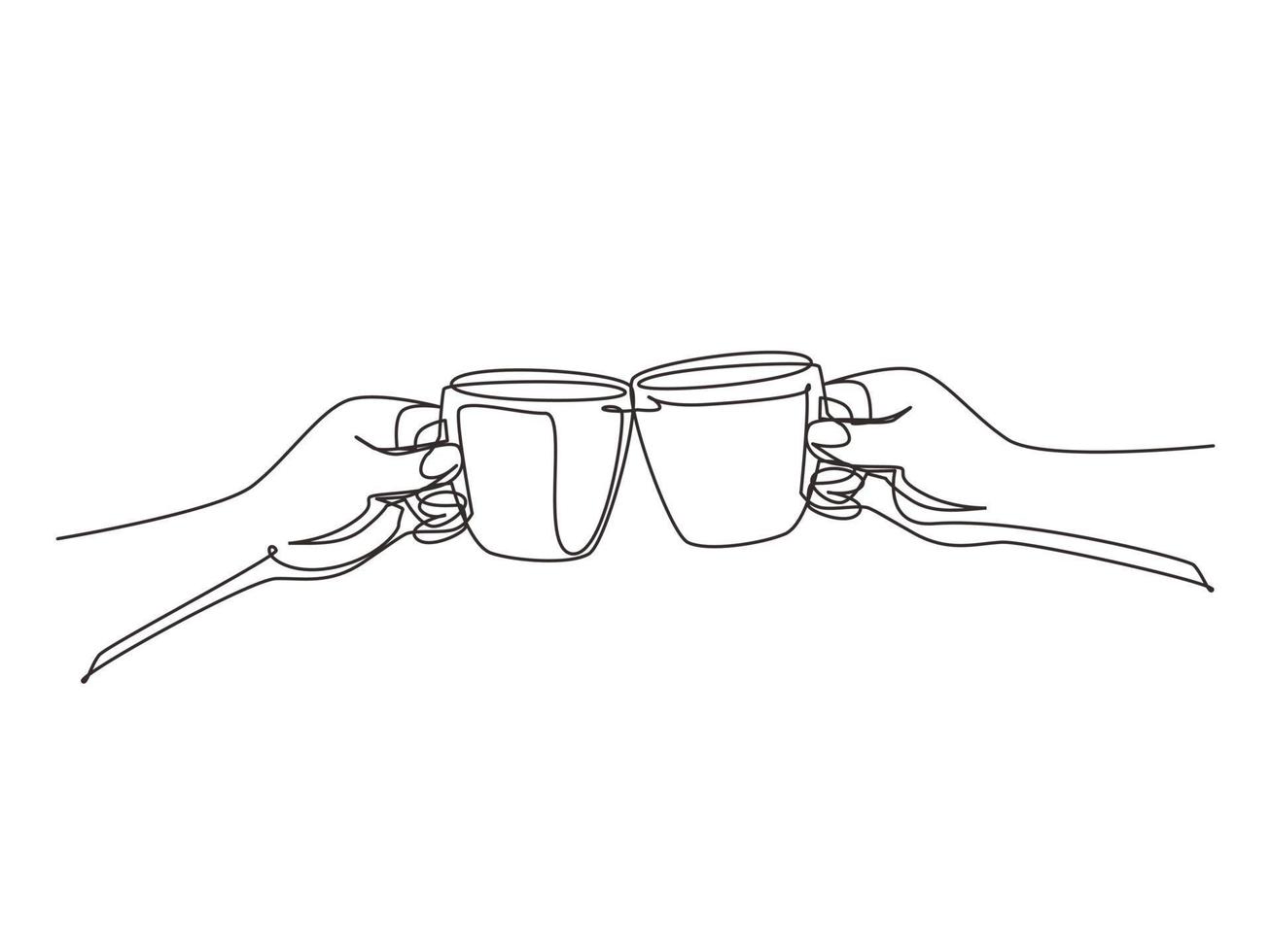 Single continuous line drawing hands with cups of hot coffee or hot tea. Clink glasses with two cups of coffee. Close-up cropped view of two hands holding cup and toast. One line draw design vector