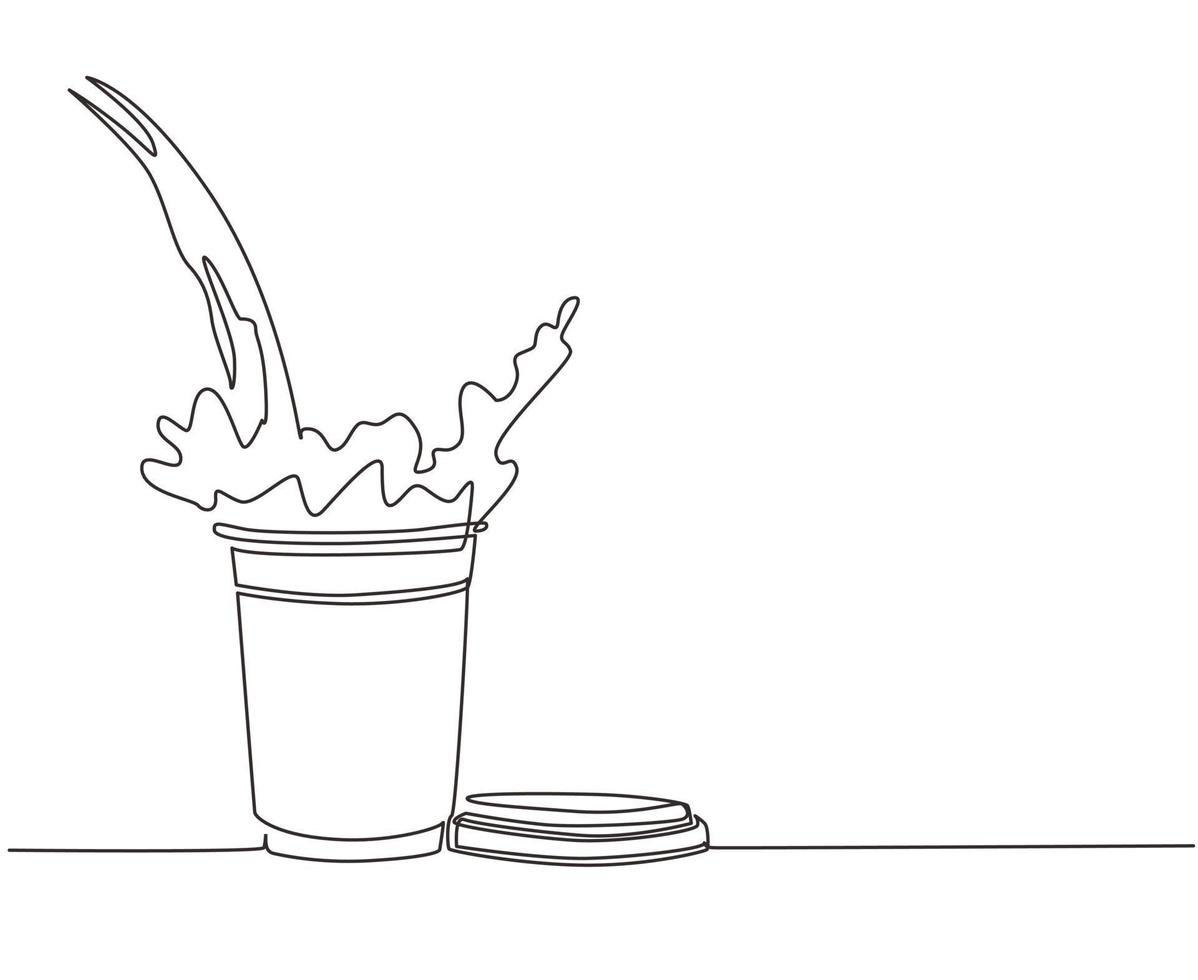 Single one line drawing pouring coffee into paper cup causing splash. Coffee pouring into disposable paper cup and creating splashes. Modern continuous line draw design graphic vector illustration