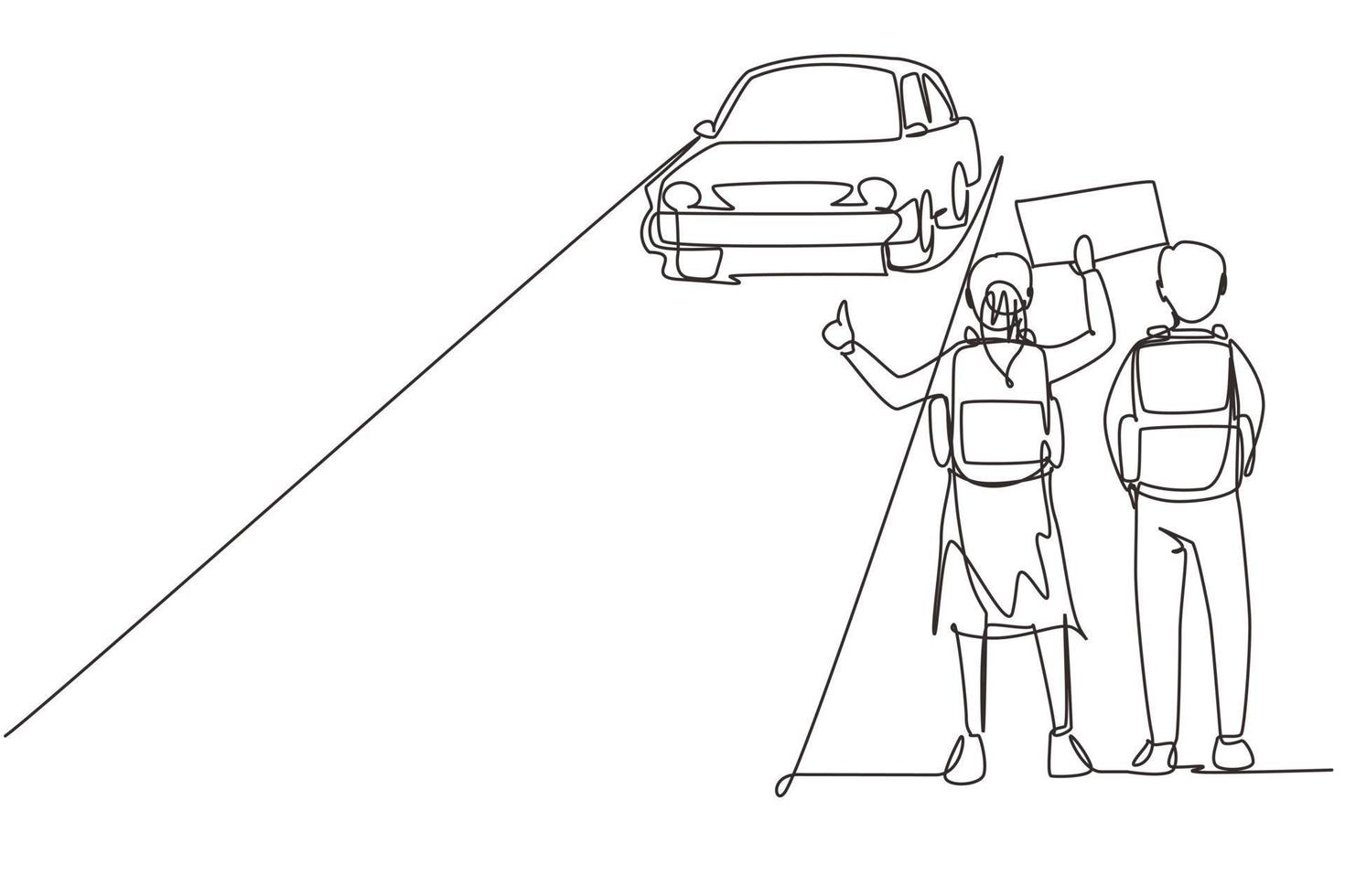 Continuous one line drawing happy couple of tourists with backpacks and camping stuff hitchhiking on road and thumbing car. Hiking and adventure concept. Single line draw design vector illustration