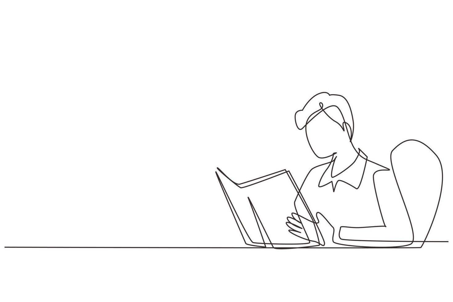 Single continuous line drawing student sitting at table, holding book in hands. Student reading book in library. Student reading book and preparing for exam. One line draw design vector illustration