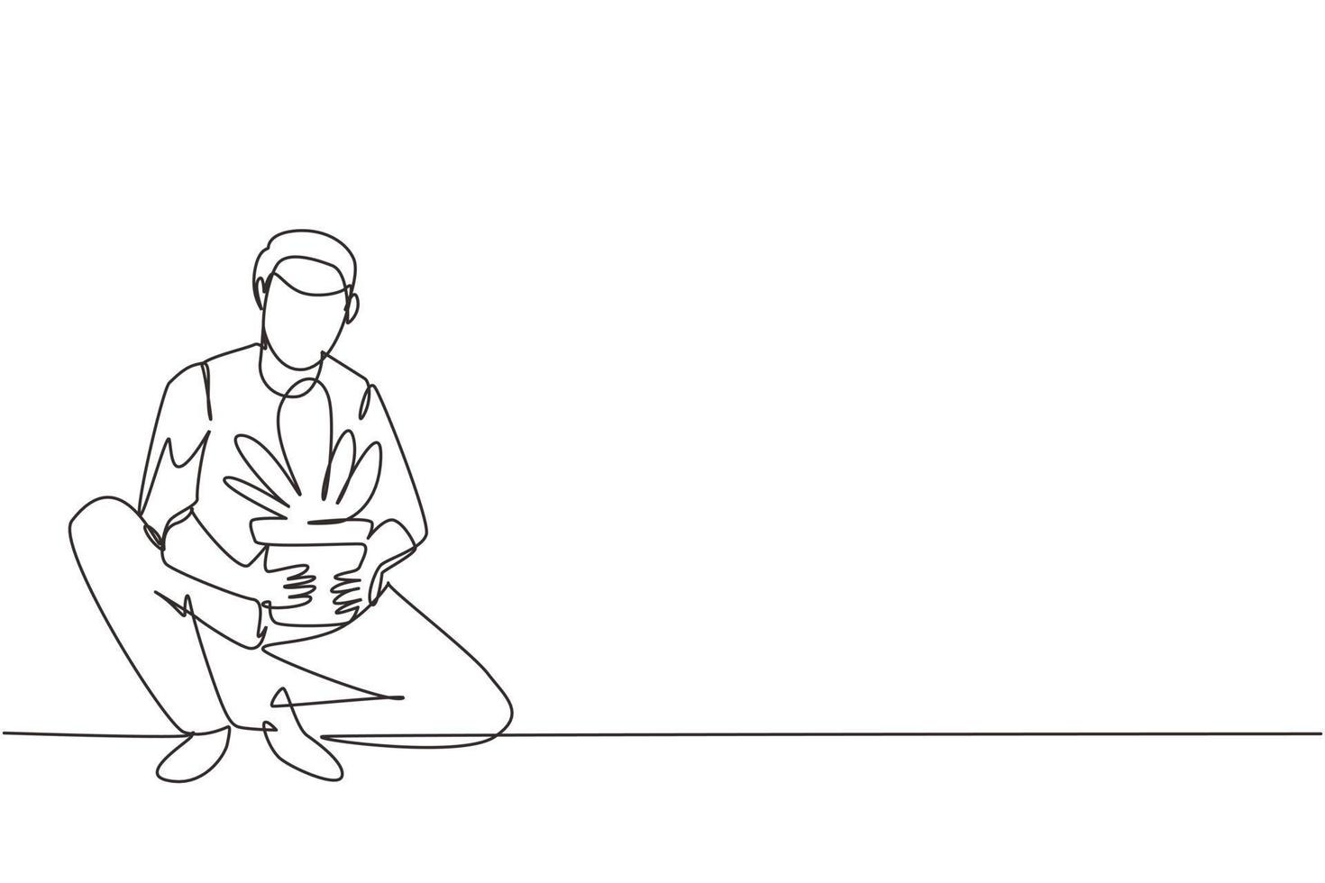 Single one line drawing young man cultivating potted plant at home. Happy guy taking care of houseplants. Male enjoying gardening growing houseplants. Continuous line draw design vector illustration