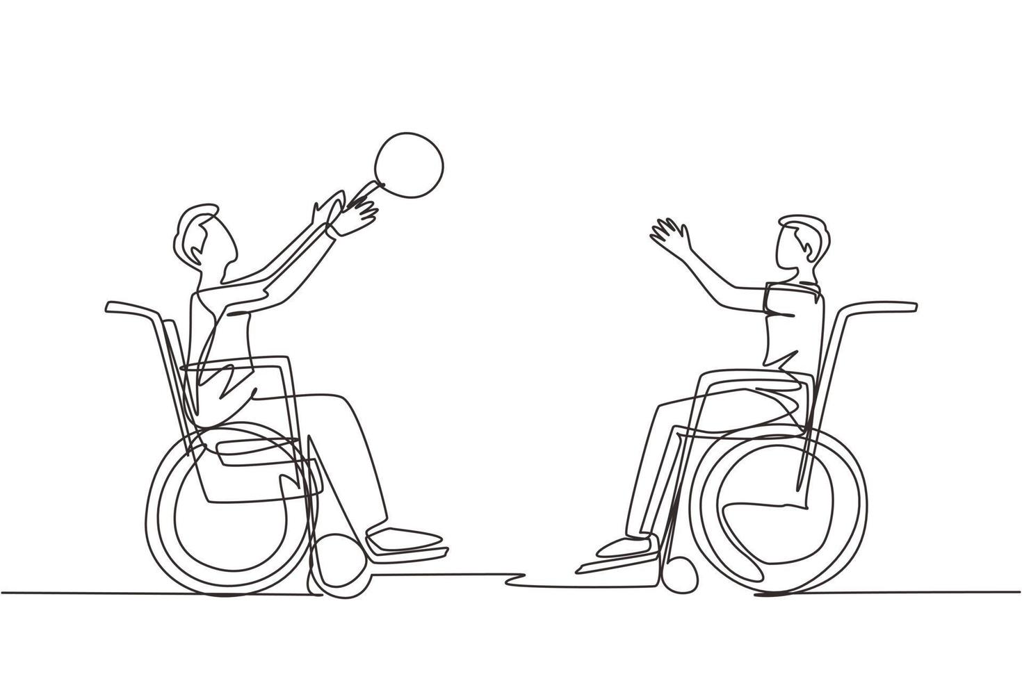 Single continuous line drawing joyful disabled young man in wheelchair playing basketball. Concept of adaptive sports for disabled people. Dynamic one line draw graphic design vector illustration