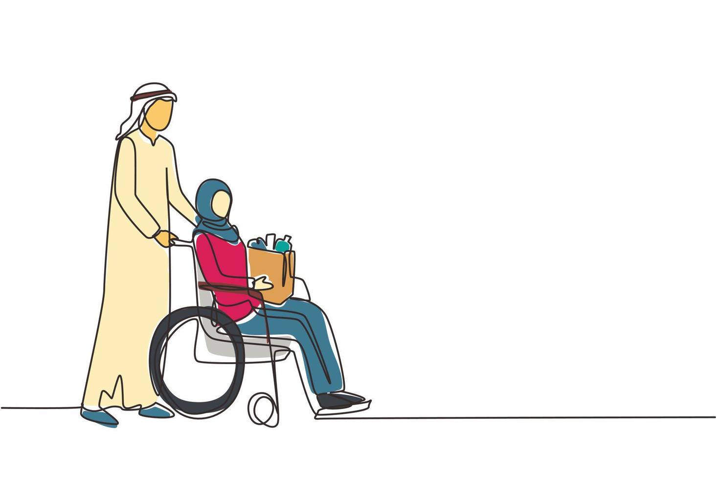 un solo dibujo de una línea hombre árabe apoyando, cuidando a una anciana discapacitada en silla de ruedas. voluntario ayudando con las compras, cuidando a la anciana. ilustración de vector de diseño de dibujo de línea continua