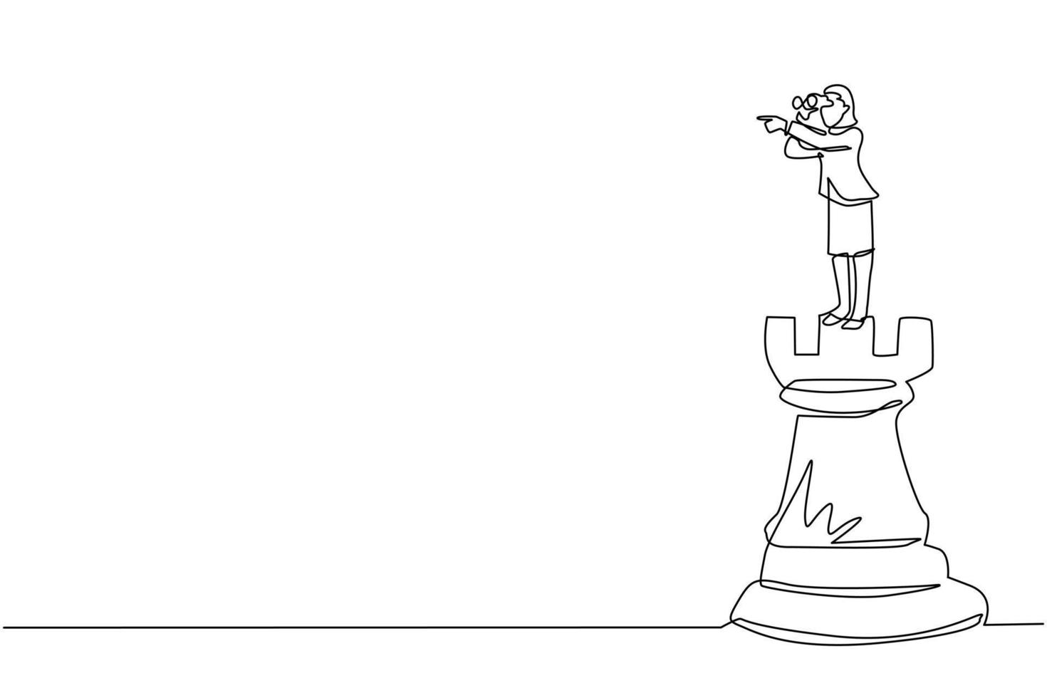Single continuous line drawing businesswoman on top of big rook chess piece using telescope looking for success, opportunities, future business trends. One line draw graphic design vector illustration