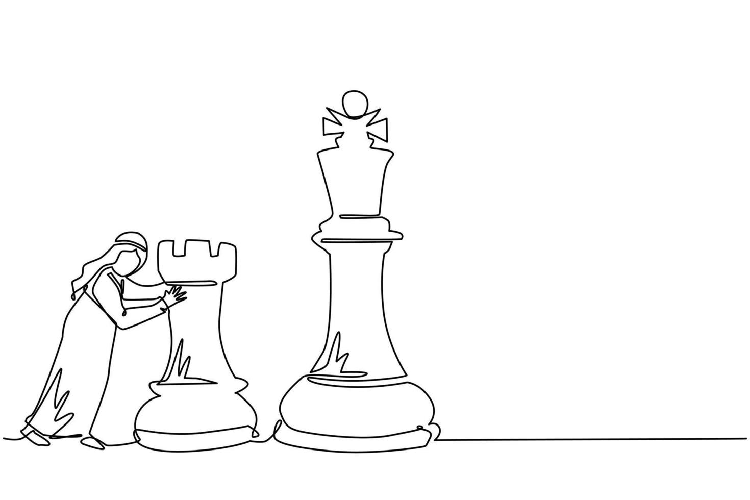 Continuous one line drawing Arabic businessman push huge rook chess piece. Business strategy and marketing plan. Strategic move in business concept. Single line draw design vector graphic illustration