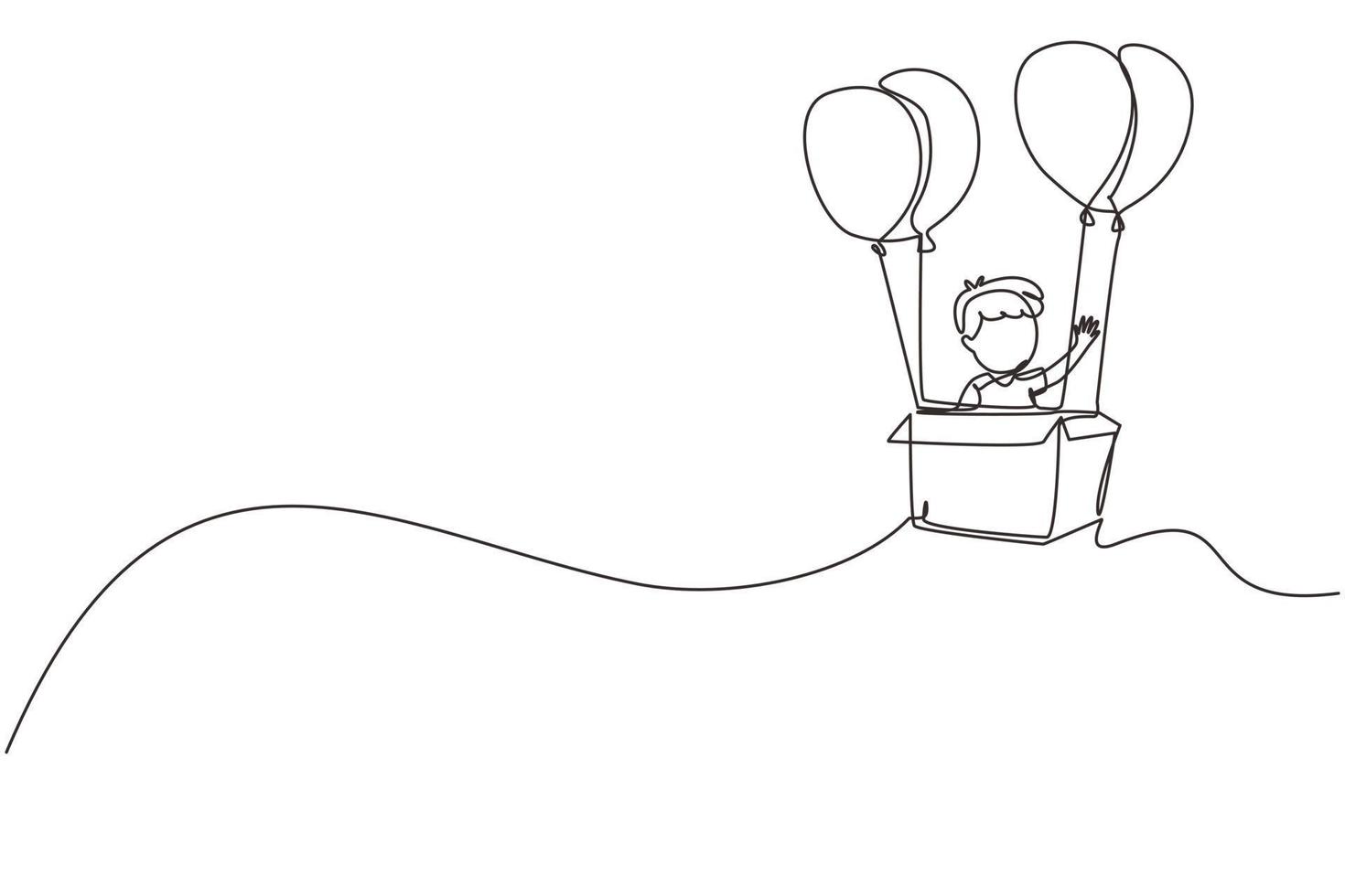 Single one line drawing cute boy sitting in cardboard box with balloons. Little pilot of hot air balloon. Creative kid character playing hot air balloon. Continuous line draw design graphic vector