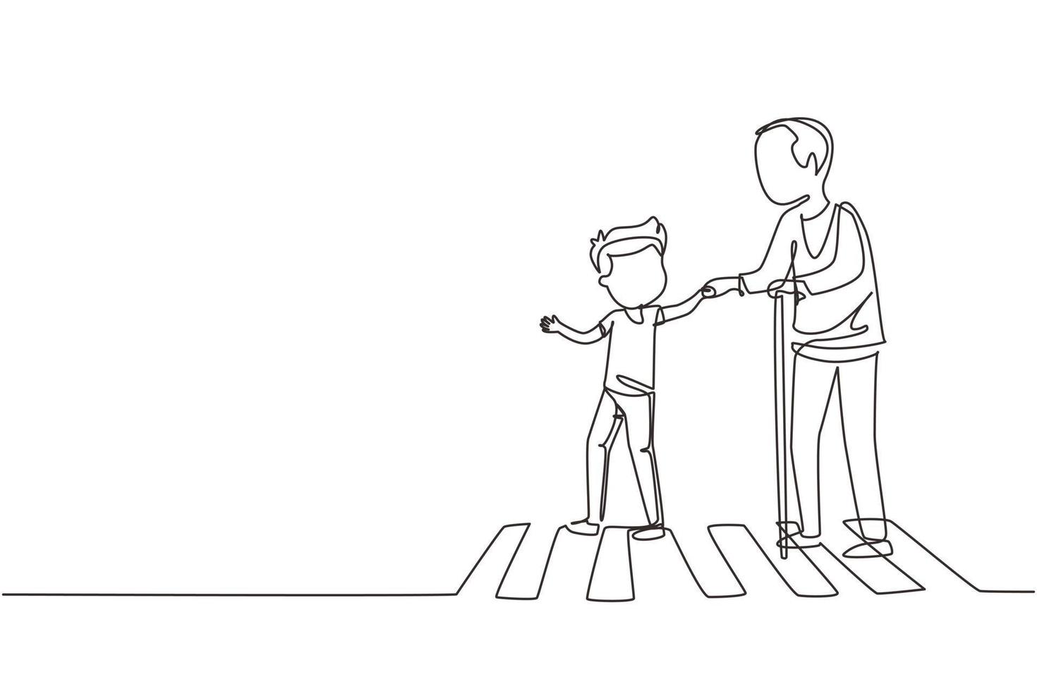 Single continuous line drawing happy boy helps grandfather cross road. Courteous kind kid taking old man across road, holding hand. Manners and respect. One line graphic design vector illustration