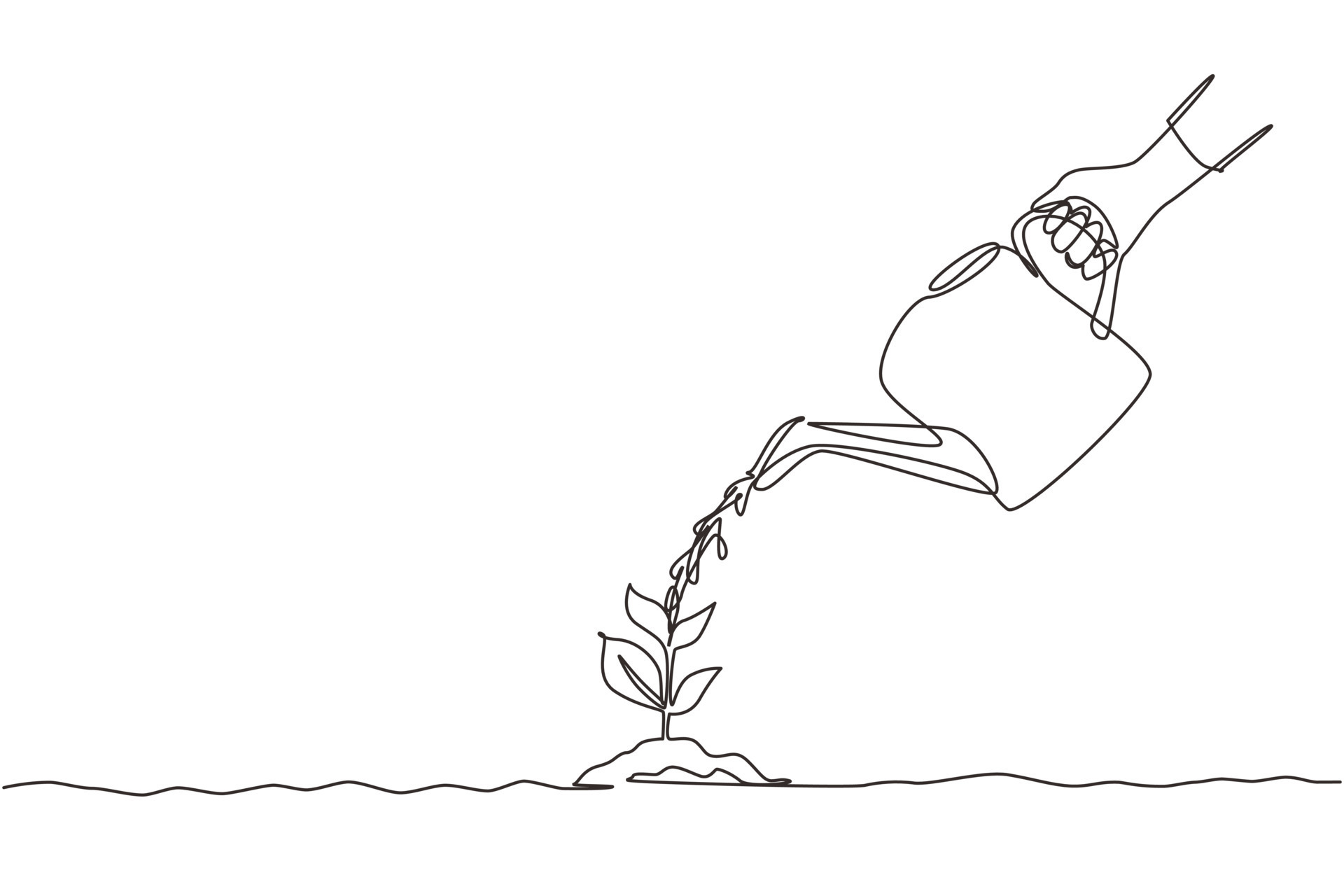 Single continuous line drawing hand holding watering can watering plant