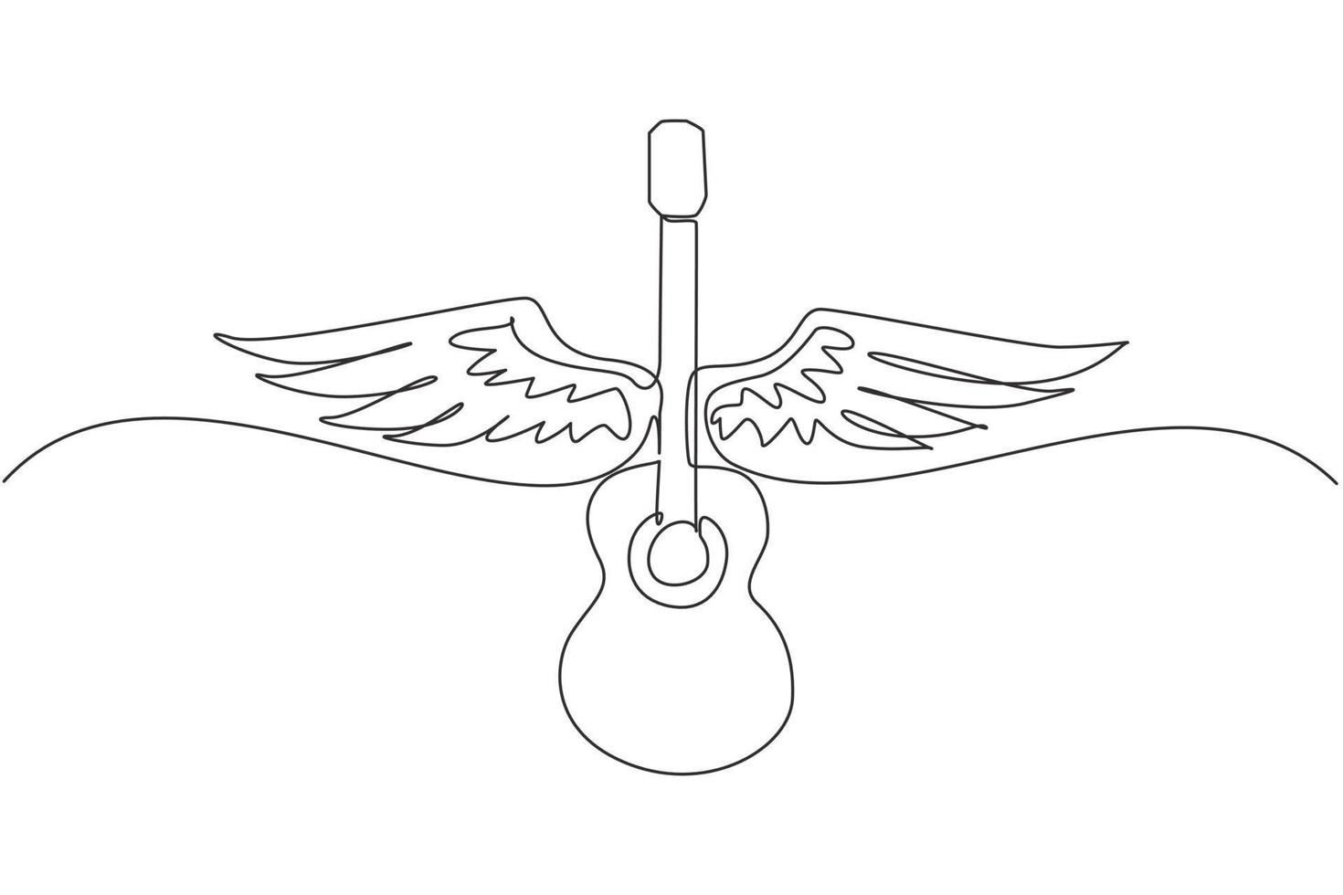 emblema musical de dibujo continuo de una línea con alas, fuego y música de guitarra de subtítulos. instrumento musical. concierto de rock. guitarra acústica con alas. ilustración gráfica de vector de diseño de dibujo de una sola línea