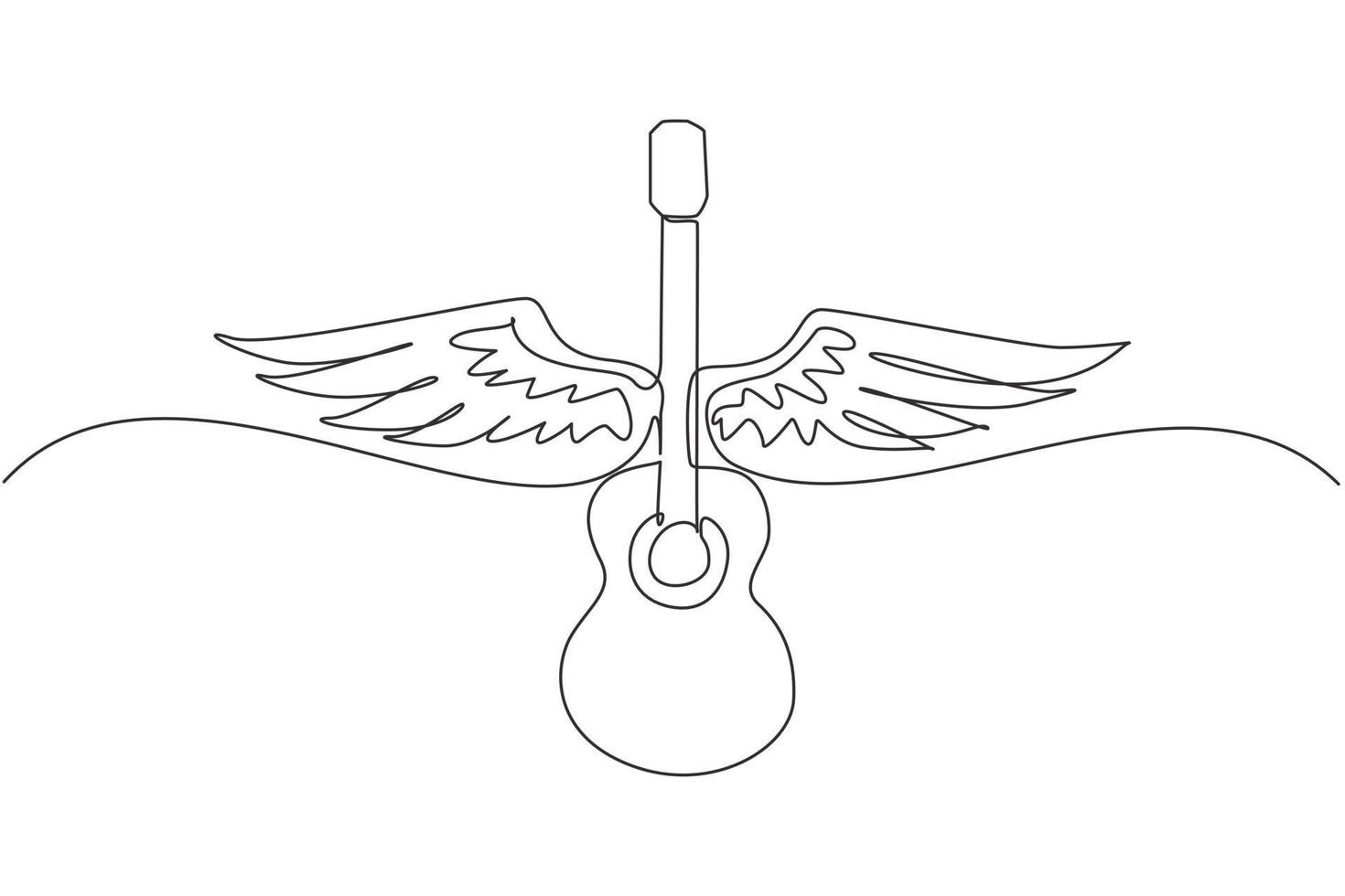 Continuous one line drawing musical emblem with wings, fire and caption guitar music. Musical instrument. Rock concert. Acoustic guitar with wings. Single line draw design vector graphic illustration