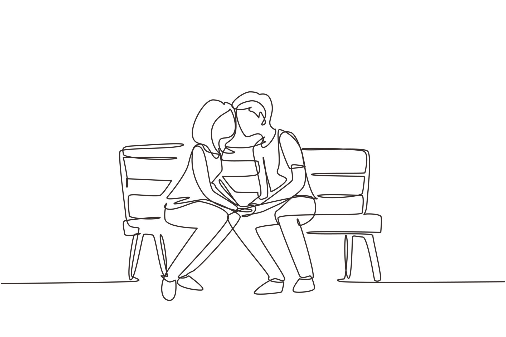 Single one line drawing kissing couple. Young man and woman face to face  sitting on park bench and funny kissing. Romantic couple dating in spring.  Modern continuous line draw design graphic vector