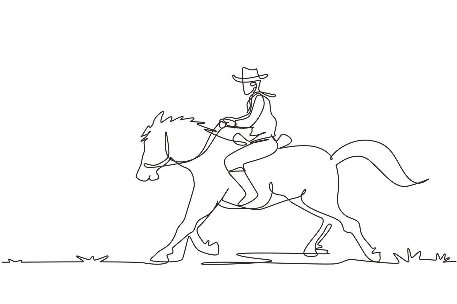 una línea continua dibujando el salvaje oeste y el desierto con un vaquero montando a caballo. mustang y persona al aire libre al atardecer. icono o logotipo de vaquero y caballo. ilustración gráfica de vector de diseño de dibujo de una sola línea