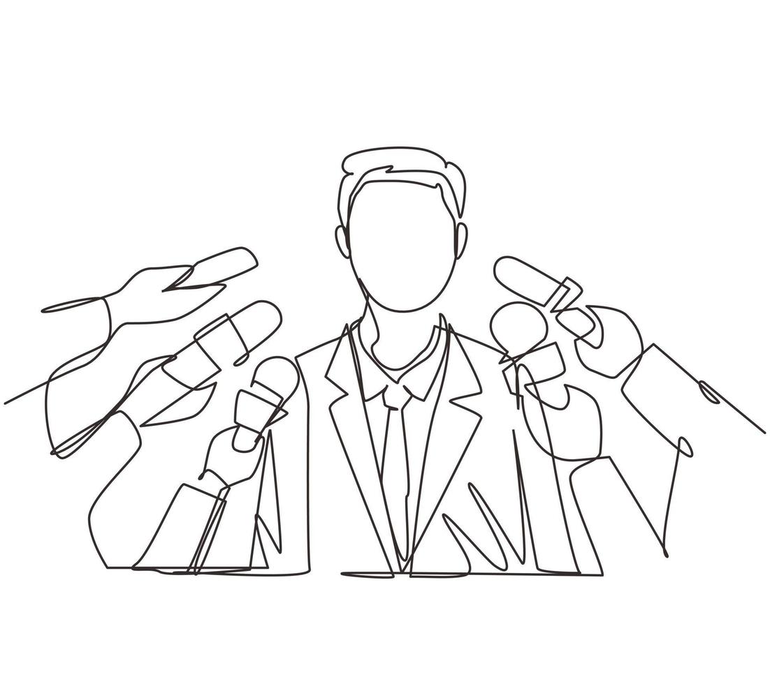 Single one line drawing interview. Man with microphones. Popular person, presenter, celebrity, political gives comment for breaking news, reportage, tv. Continuous line draw design vector illustration