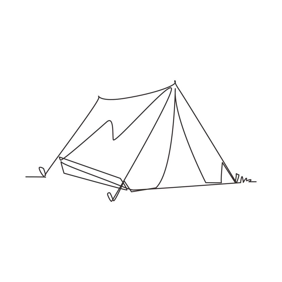 Single continuous line drawing tent camping in outdoor travel. Nature tourism, journey, adventure. Tent element concept. Camping travel tent equipment. One line draw graphic design vector illustration