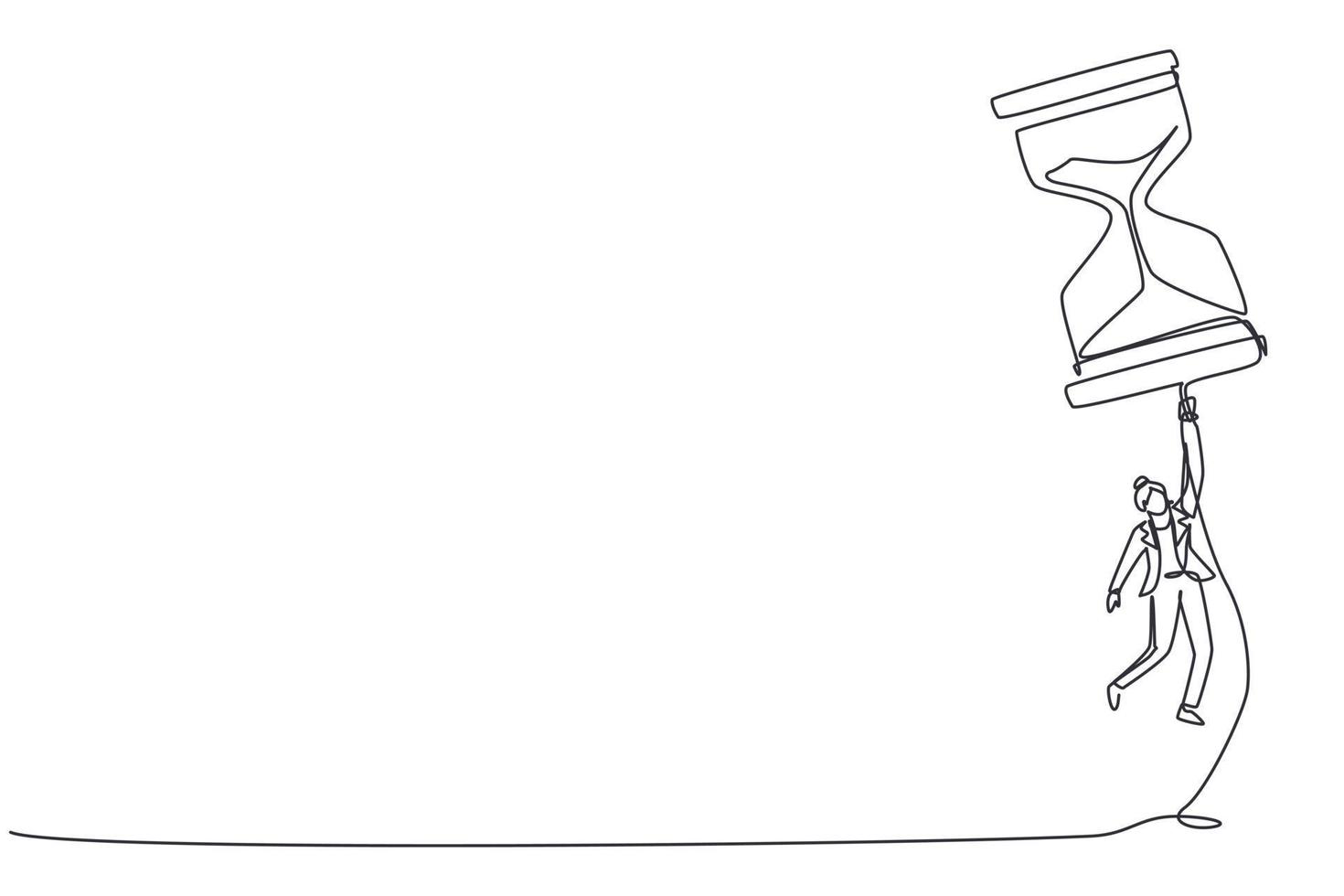 Continuous one line drawing happy businesswoman flying with hourglass balloon. Business time management. Success, champion, victory, sandglass. Single line draw design vector graphic illustration