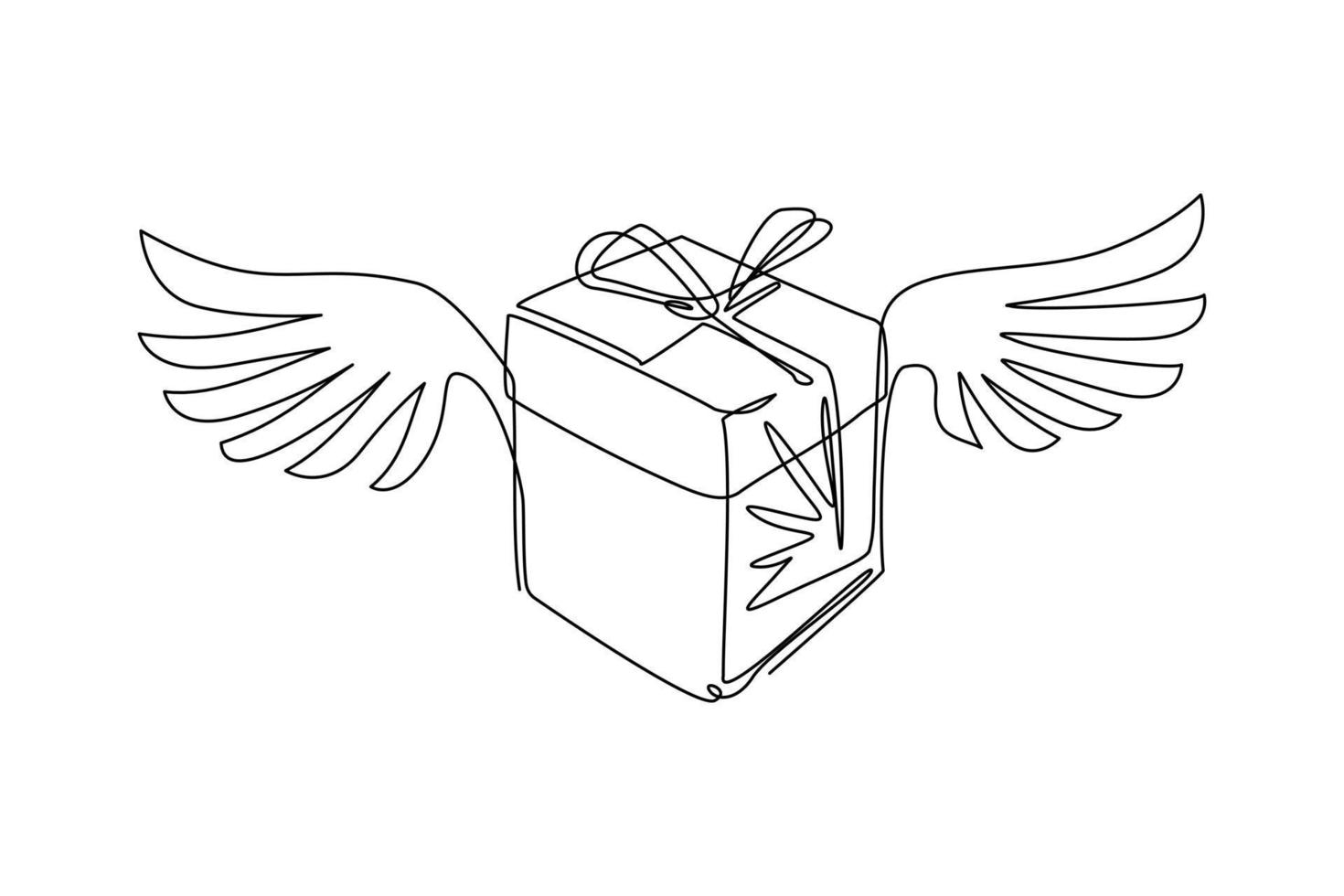 Continuous one line drawing gift box flying with feathered wings logo. Winged gift box icon symbol. Flying present box with red bow and ribbon. Single line draw design vector graphic illustration