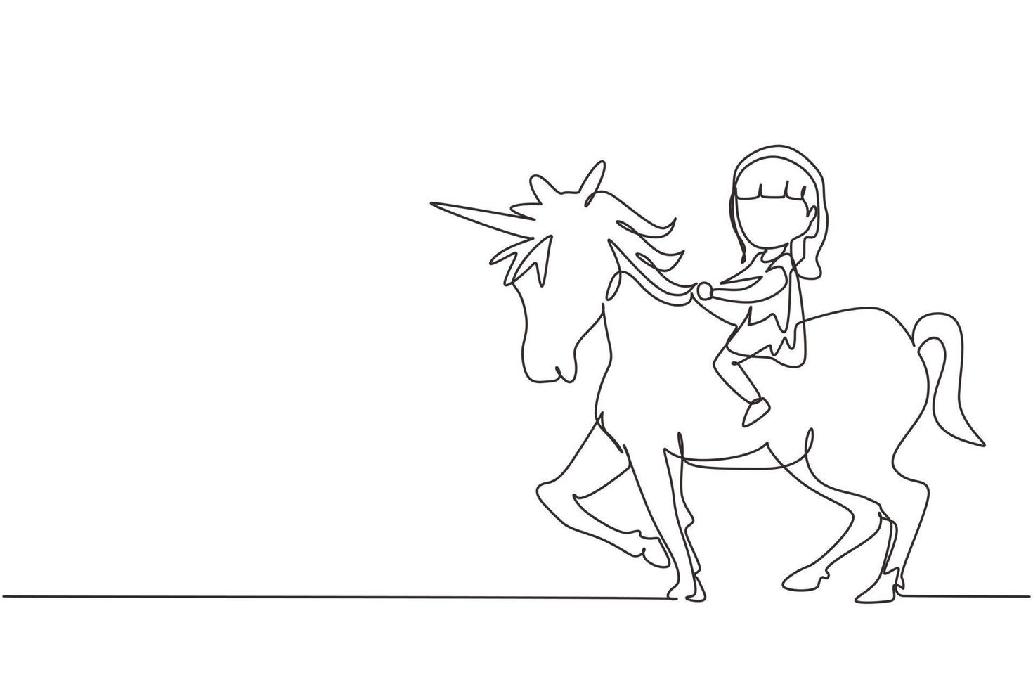 Single continuous line drawing happy cute girl riding cute unicorn. Child sitting on back unicorn in fairy tale dream. Kids learning to ride unicorn. One line draw graphic design vector illustration