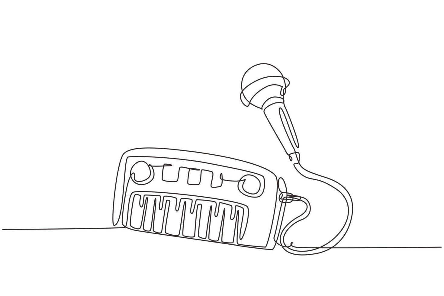 Continuous one line drawing electrical toy piano and microphone. Kids musical piano electronic piano keyboard toy musical instrument toy with microphone for boys girls. Single line draw design vector