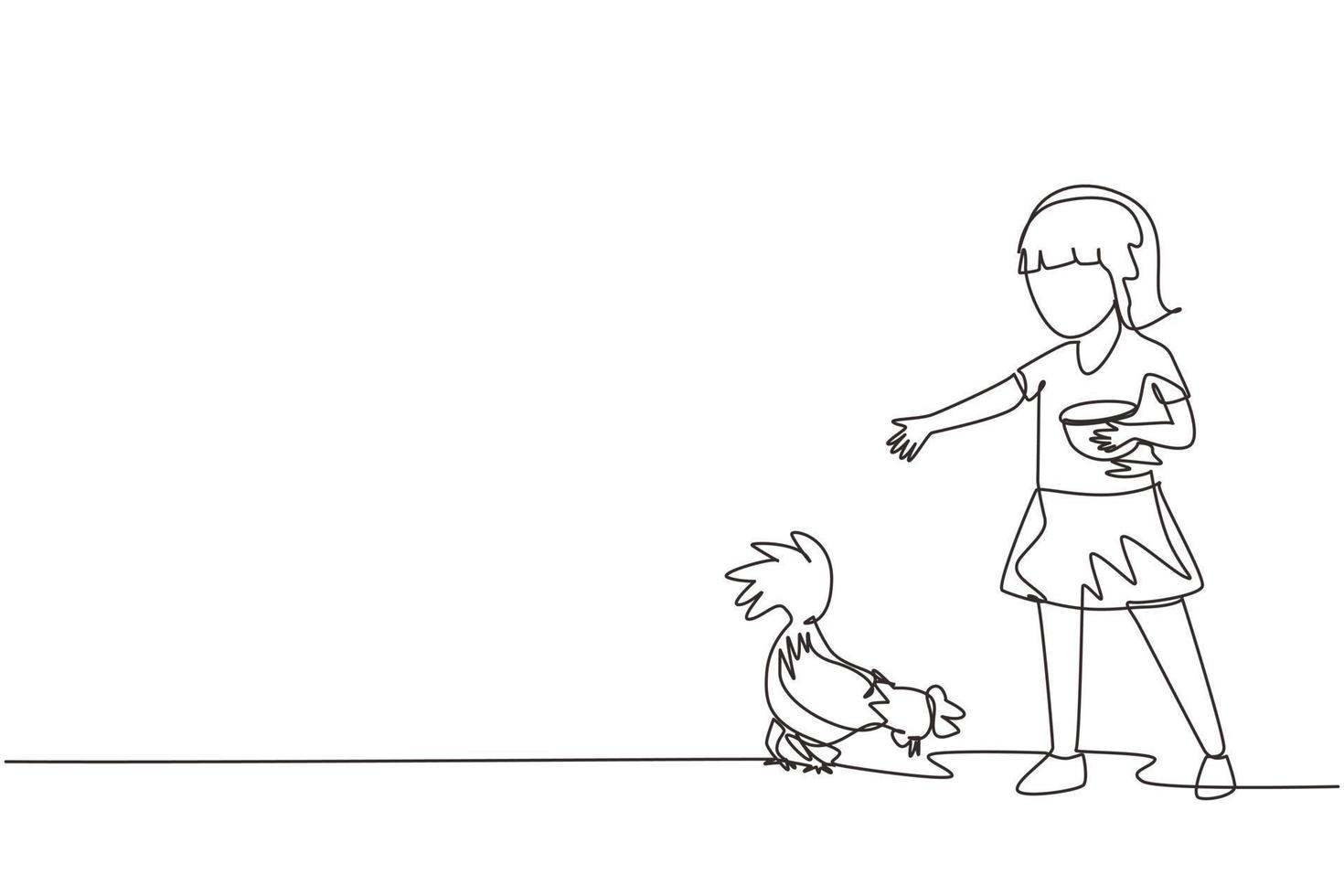 Single continuous line drawing happy little girl feeding chicken. Kid farmer feeding rooster, hen and little chickens. Children farmer life. Dynamic one line draw graphic design vector illustration