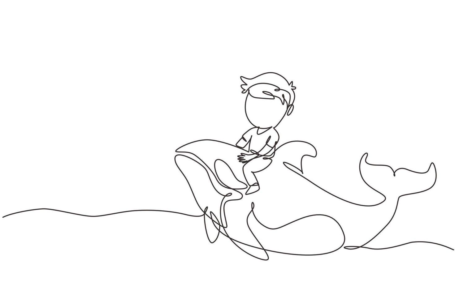 Single one line drawing little boy riding orca. Young kid sitting on back whale killer in swimming pool. Whale killer or orca in water. Modern continuous line draw design graphic vector illustration