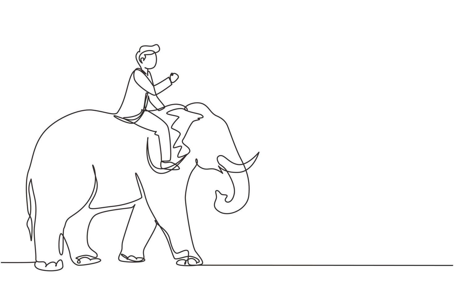 hombre de negocios de dibujo de una sola línea montando elefante símbolo de éxito. concepto de metáfora empresarial, mirando el objetivo, el logro, el liderazgo. ilustración de vector gráfico de diseño de dibujo de línea continua