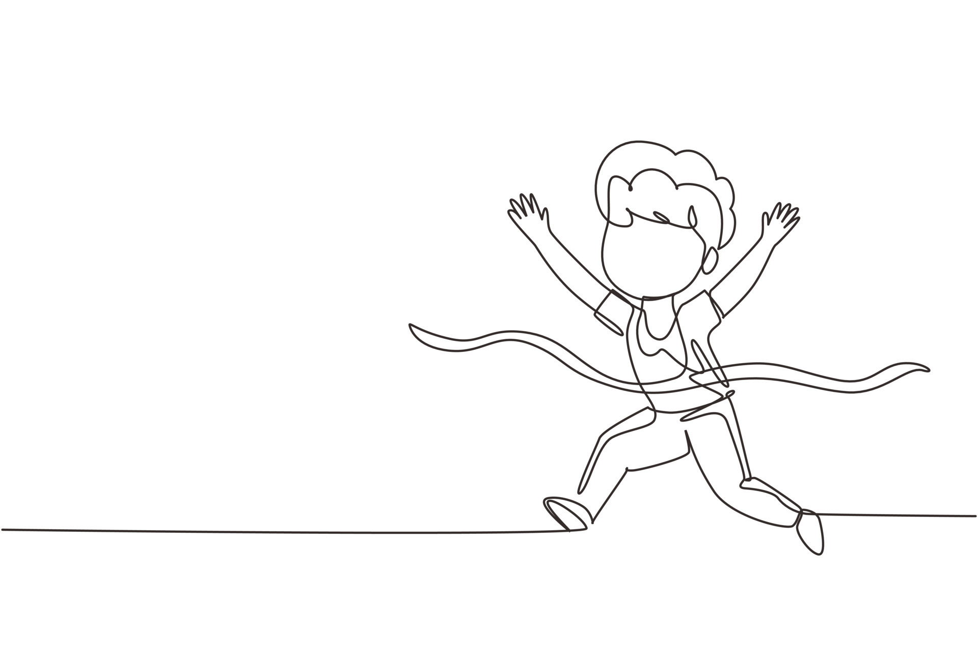 Single continuous line drawing cute boy run in race and win first place.  Little kid running to finish line first, children physical activity  concept. One line draw graphic design vector illustration 8990689