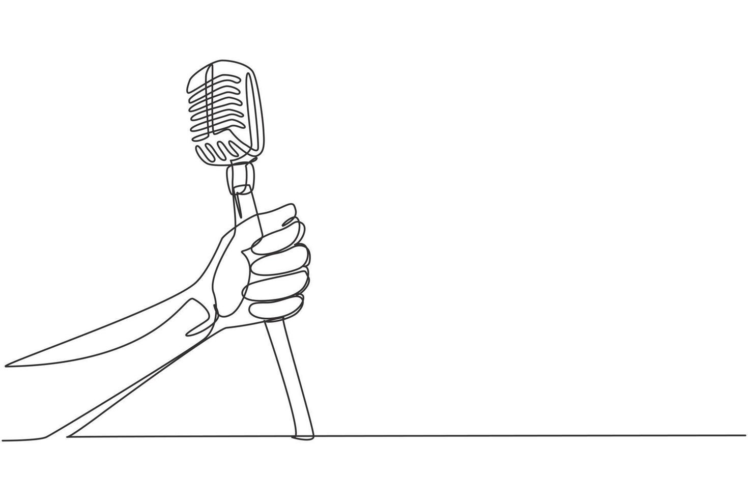 Continuous one line drawing hand with a retro microphone. Vintage engraving stylized drawing. Karaoke man sings the song to old style microphone. Single line draw design vector graphic illustration