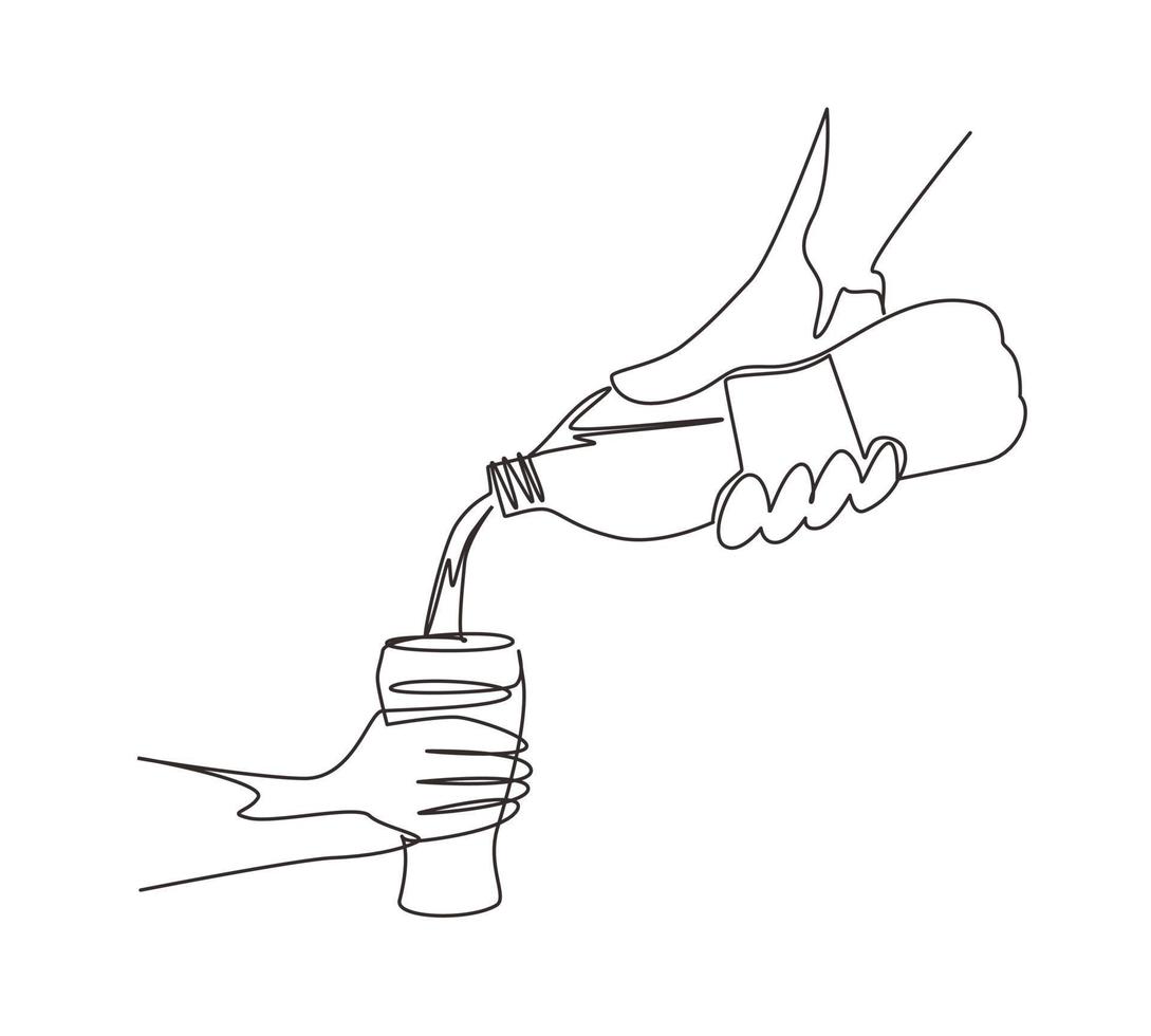 Continuous one line drawing human is picking up glass of water from plastic bottle. Cool mineral natural drink. Glass and bottle holding in hand. Single line draw design vector graphic illustration