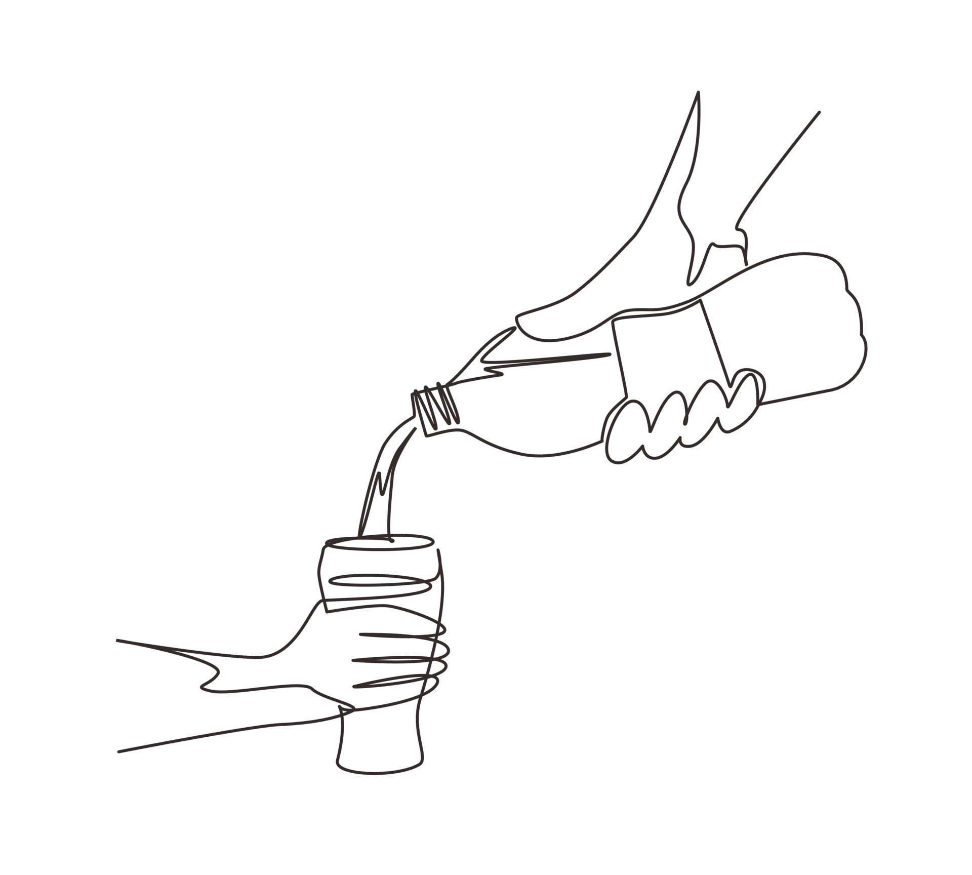 Continuous one line drawing human is picking up glass of water from plastic  bottle. Cool mineral natural drink. Glass and bottle holding in hand.  Single line draw design vector graphic illustration 8990698