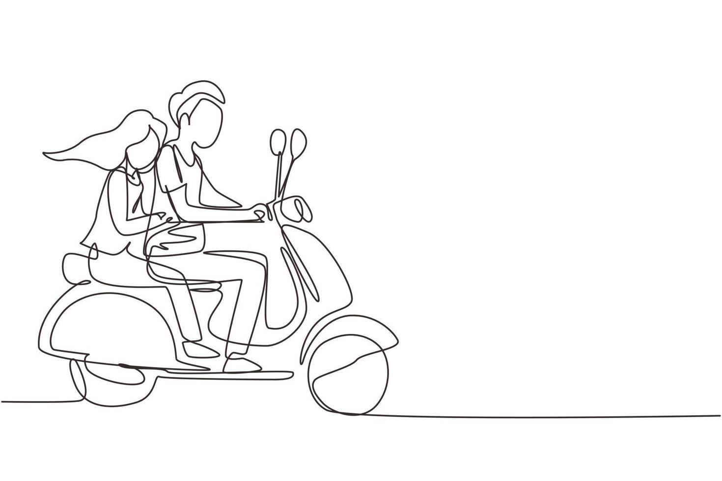 Continuous one line drawing couple riding motorcycle. Man driving scooter and woman are passenger while hugging. Driving around city. Drive safely. Single line draw design vector graphic illustration