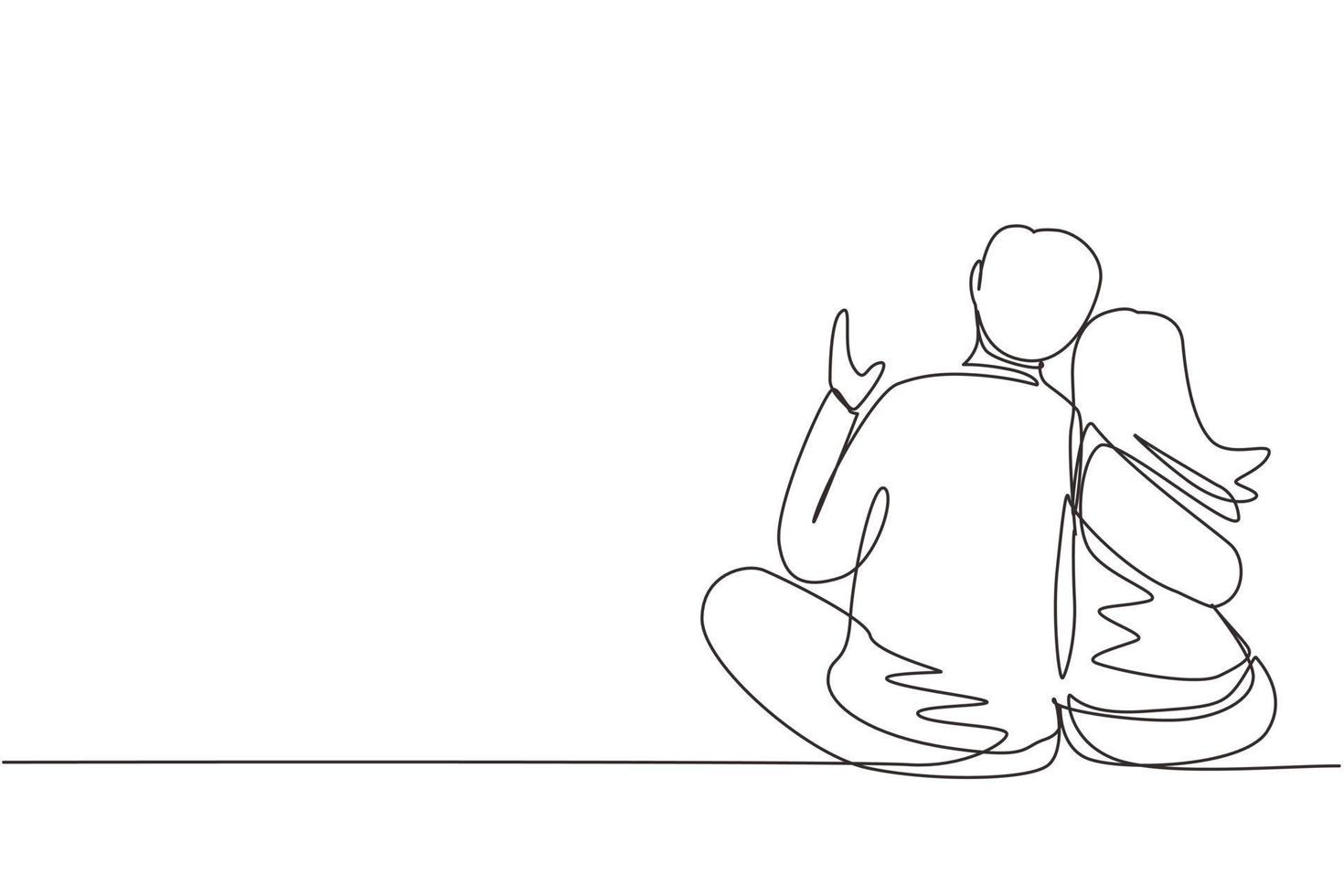 Continuous one line drawing people in love sit hugging and looking at moon and stars. Man and woman enjoying romantic picturesque landscape together. Single line design vector graphic illustration