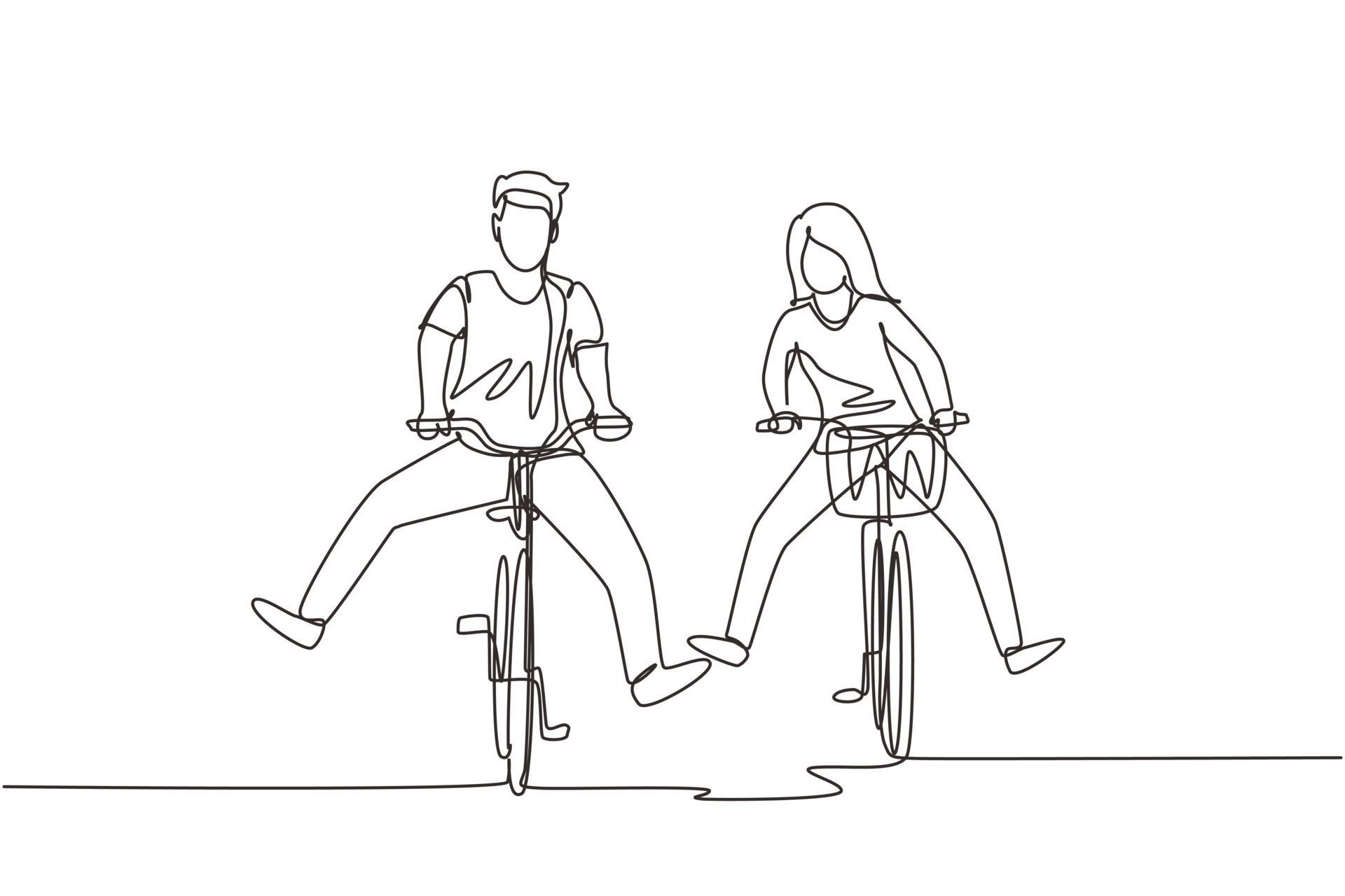 Continuous one line drawing happy funny young couple riding on bicycle.  Romantic teenage couple ride bike. Young man and woman in love. Happy  married couple. Single line draw design vector graphic 8990705