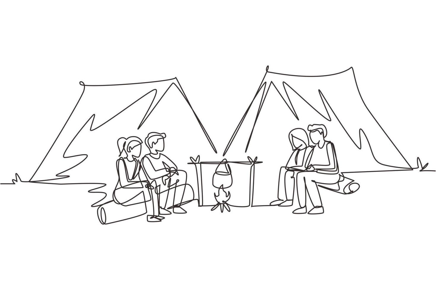 Continuous one line drawing two pair man woman hikers sitting on log cooking water in boiling pot. Group of people at campfire near camp tent camping nature mountains. Single line draw design vector