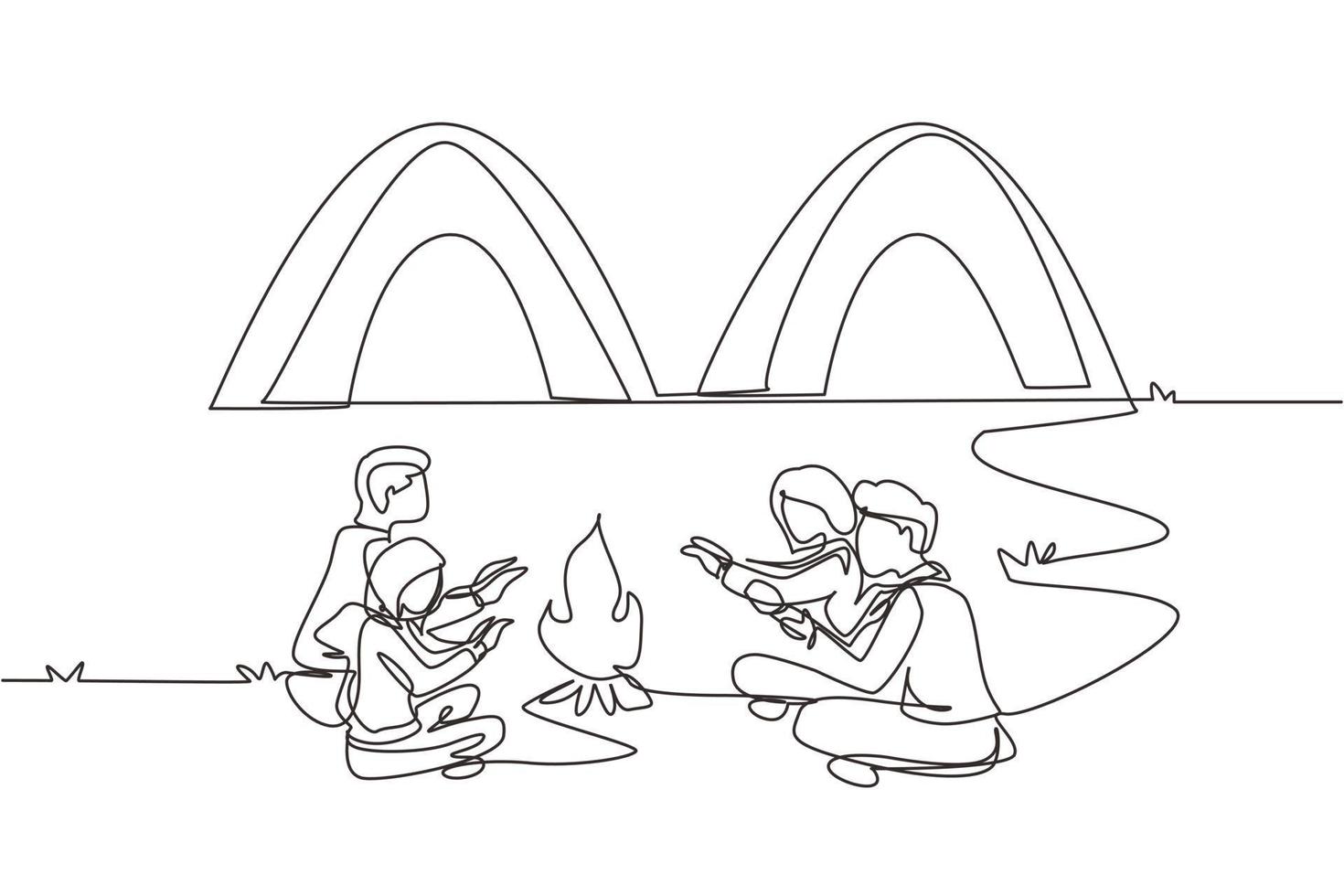 Continuous one line drawing two couple camping around campfire tents. Group of hikers warm their hands near bonfire sitting on ground, man playing guitar. Single line draw design vector illustration